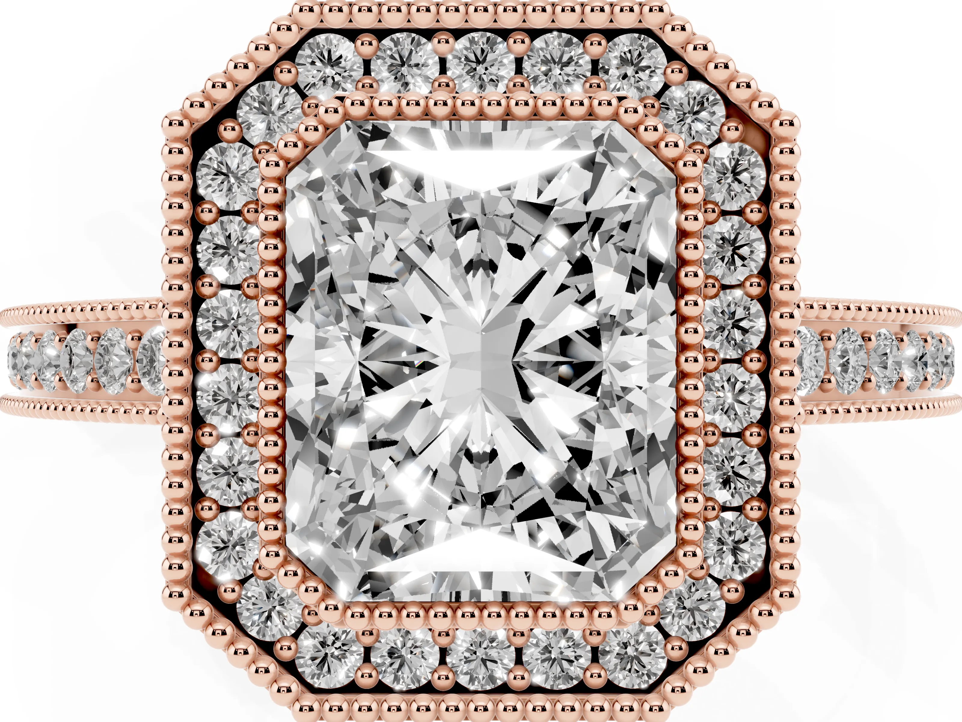 Radiant Cut Diamond Halo Ring Set in Rose gold with Pavé Band and Milgrain-Edged Prongs
