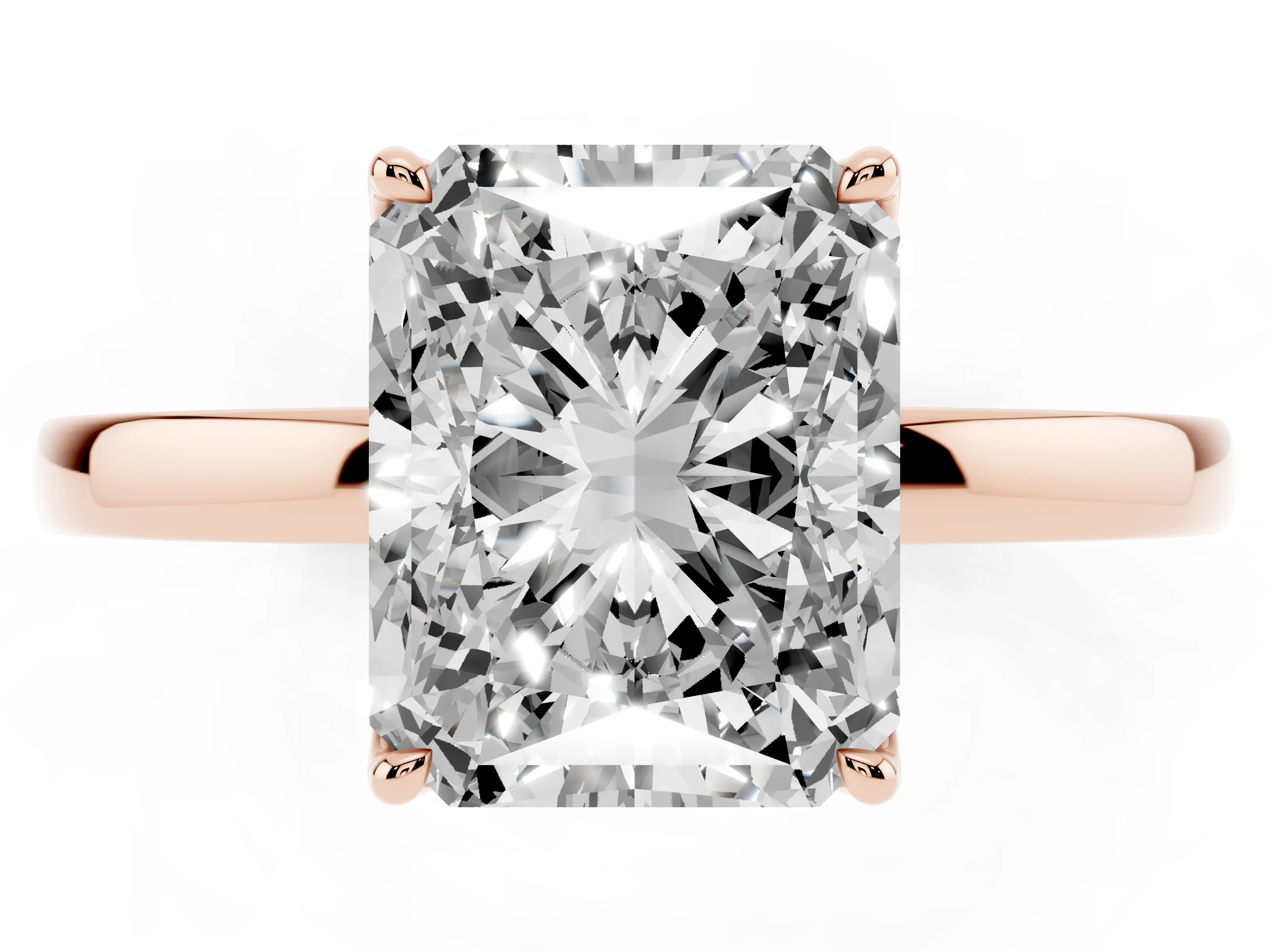 Radiant Cut Diamond Solitaire Ring Set in Rose gold with Prong Setting and Thin Polished Band
