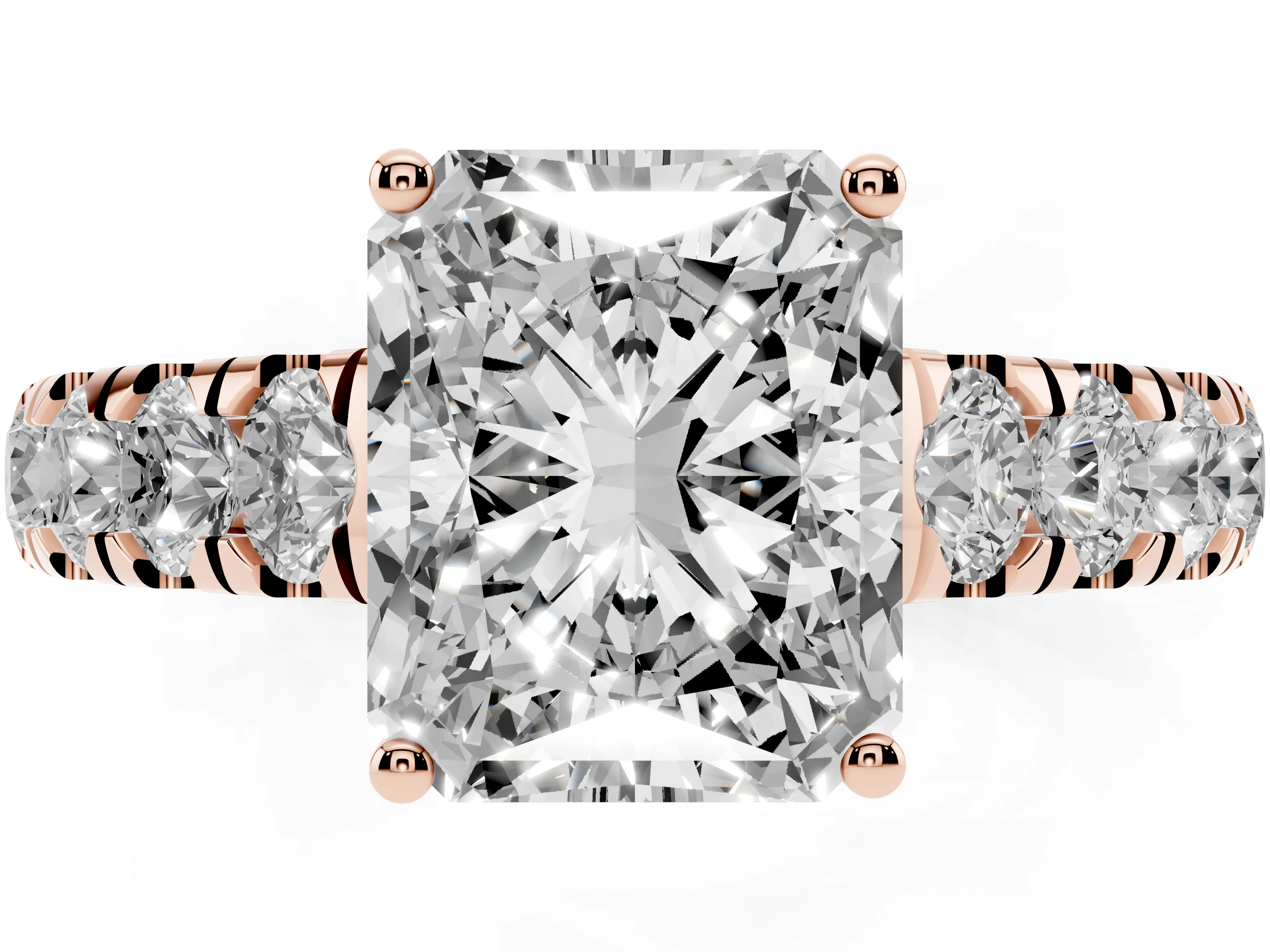 Radiant Cut Diamond Solitaire Ring Set in Rose gold with Cut-Down Micro Pavé Band and Prong Setting