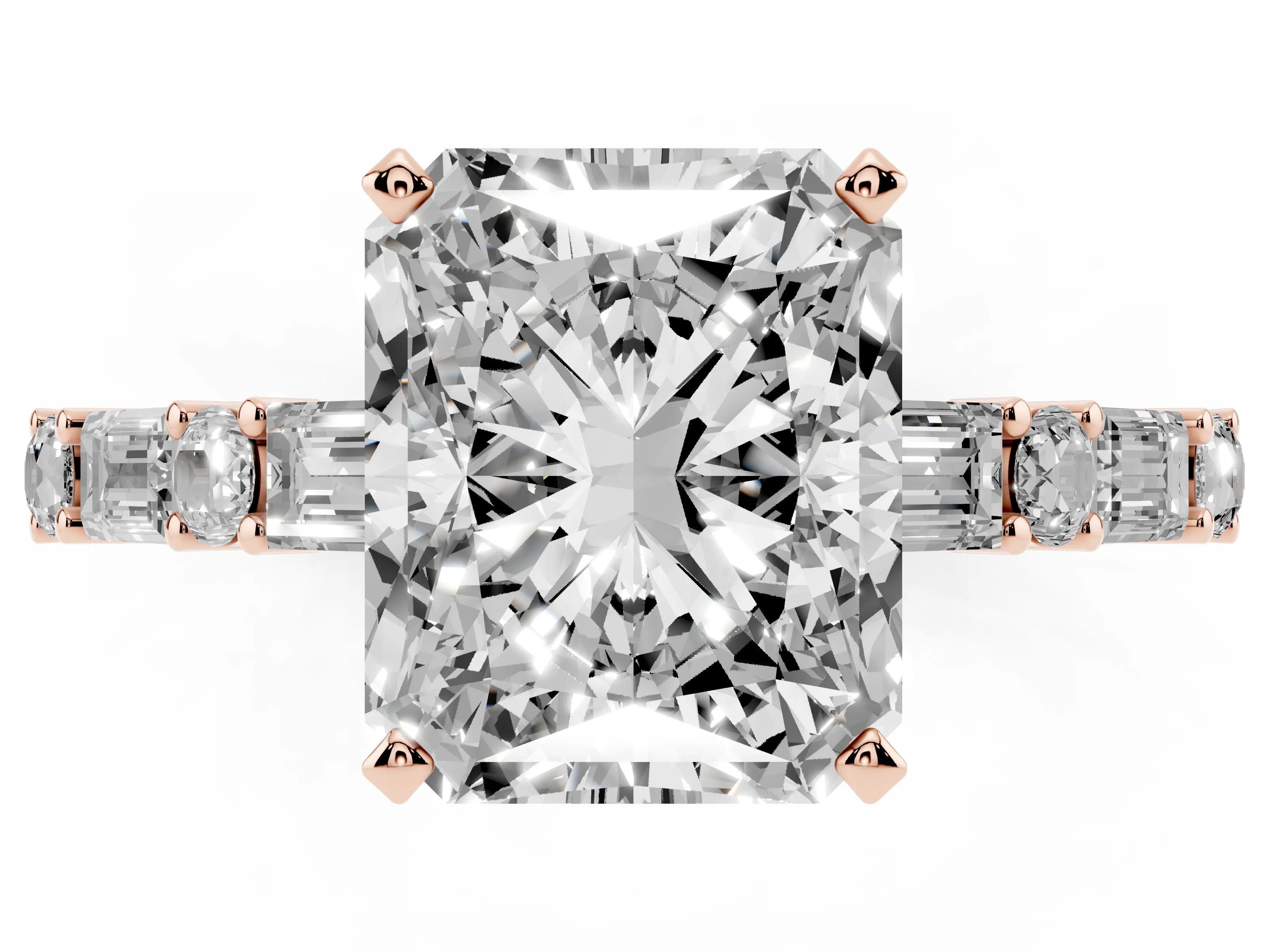 Radiant Cut Diamond Solitaire Set in Rose gold with Side Baguettes and Channel Set Band