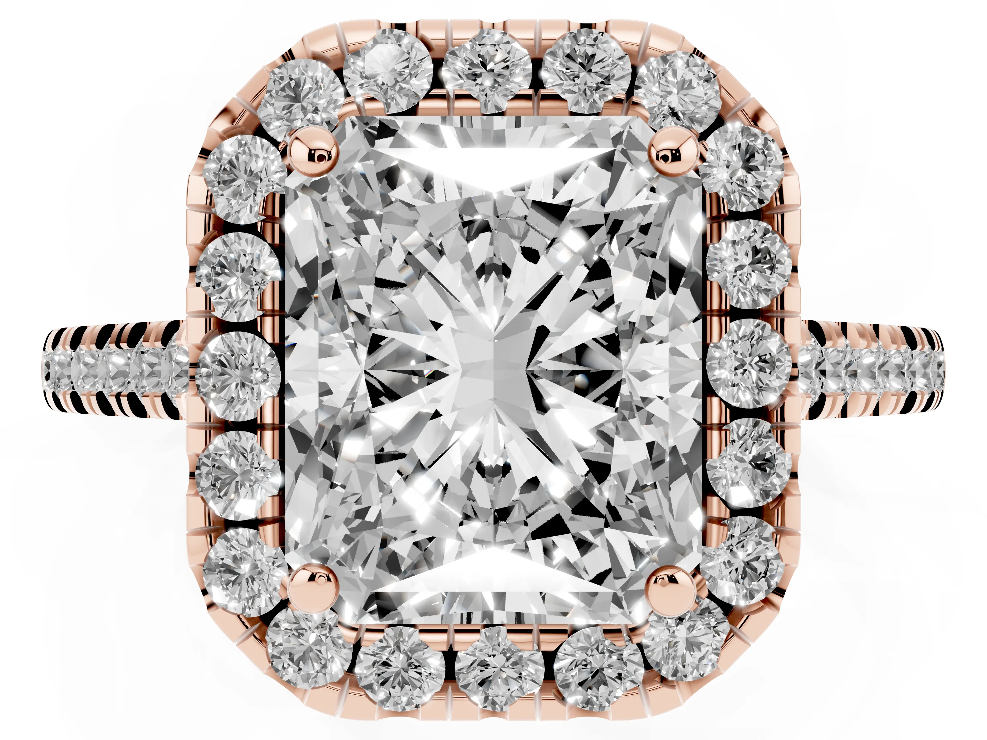 Radiant Cut Diamond Cushion Halo Ring Set in Rose gold with Pavé Band