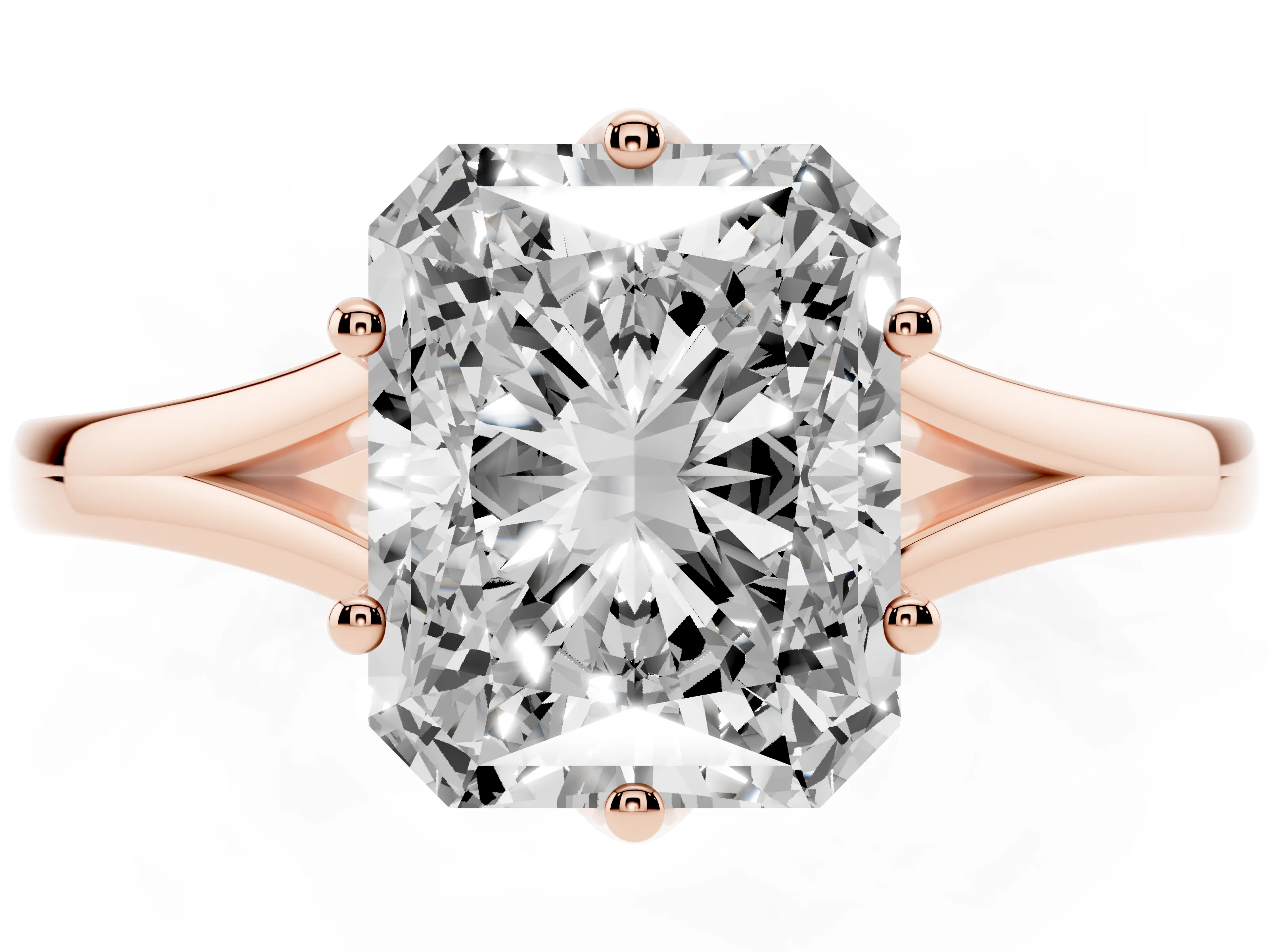 Radiant Cut Diamond Solitaire Ring Set in Rose gold with Polished Tapered Band and Prong Setting
