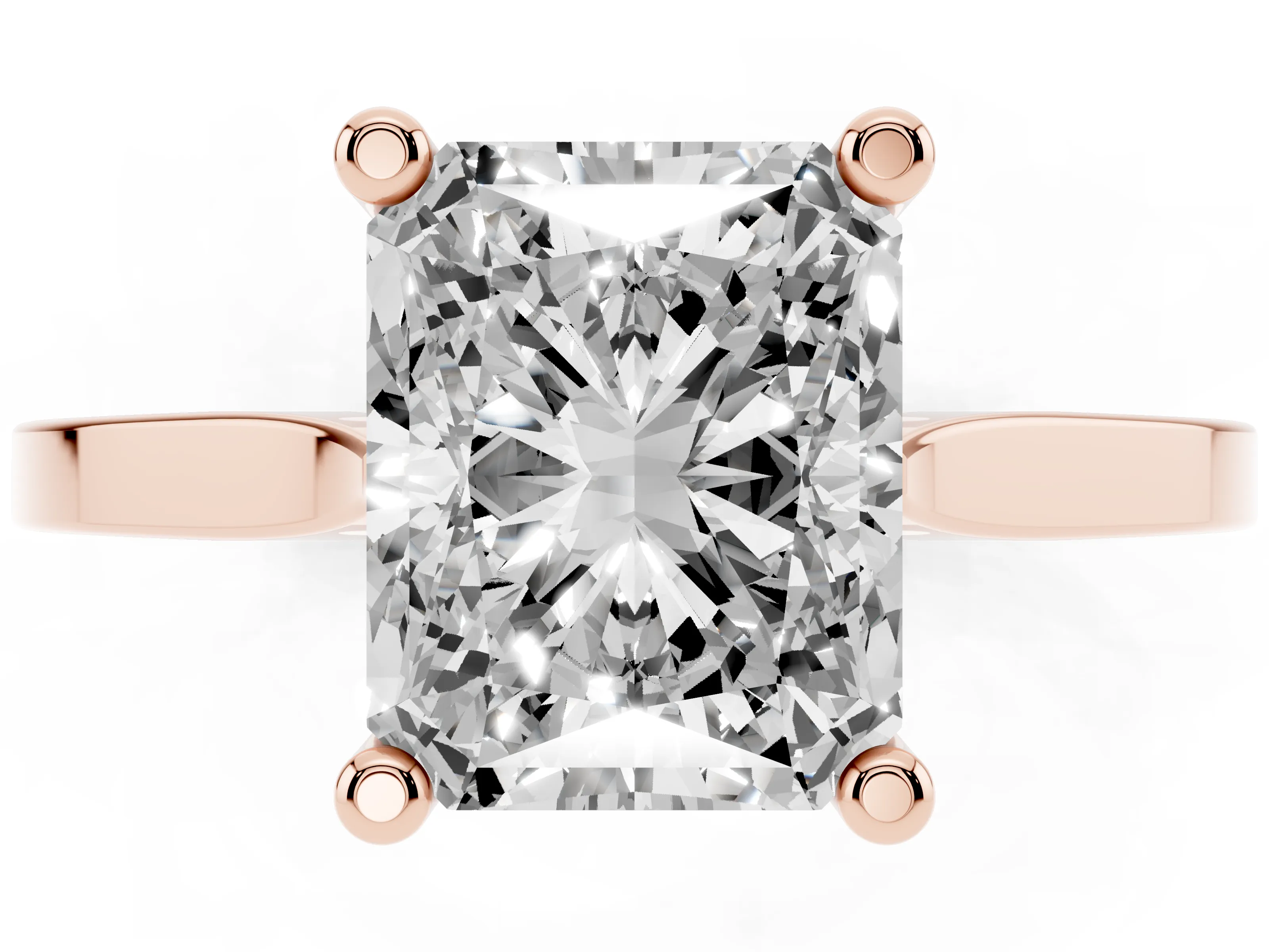 Radiant Cut Diamond Solitaire Ring Set in Rose gold with Prong Setting and Tapered Band