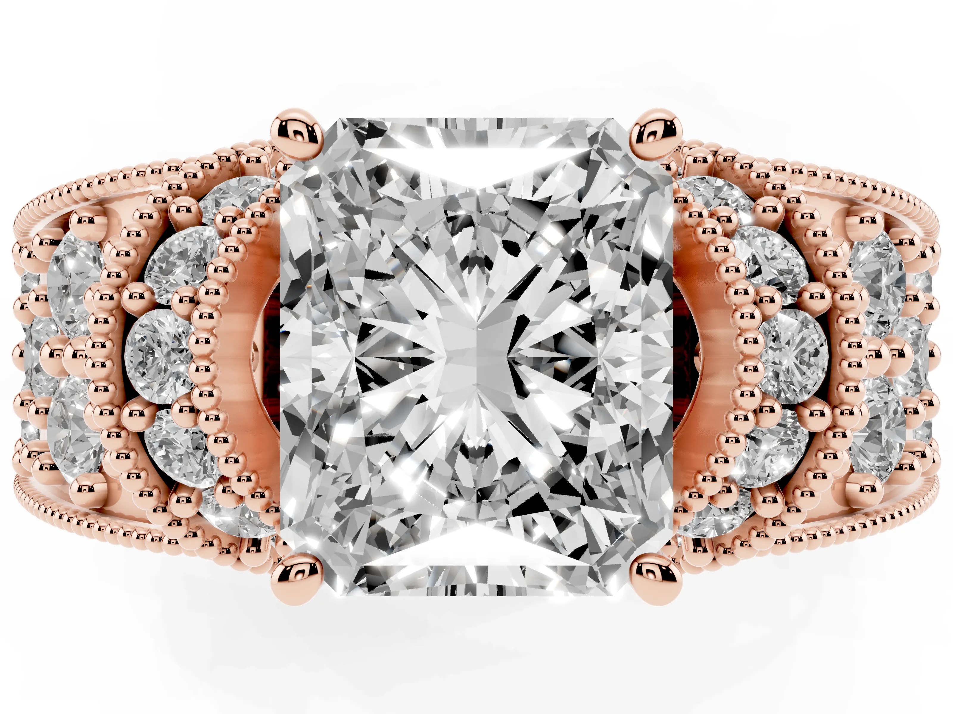 Radiant Cut Diamond Milgrain Halo Pavé Engagement Ring Set in Rose gold with Prong Setting