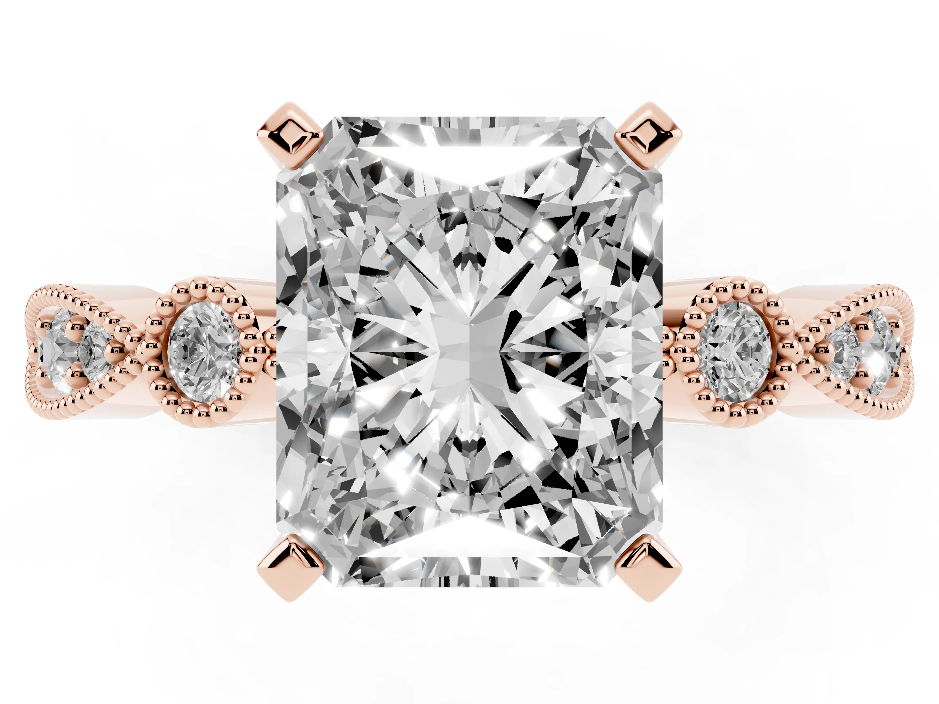 Radiant Cut Diamond Solitaire Engagement Ring Set in Rose gold with Milgrain Bezel Accent Band