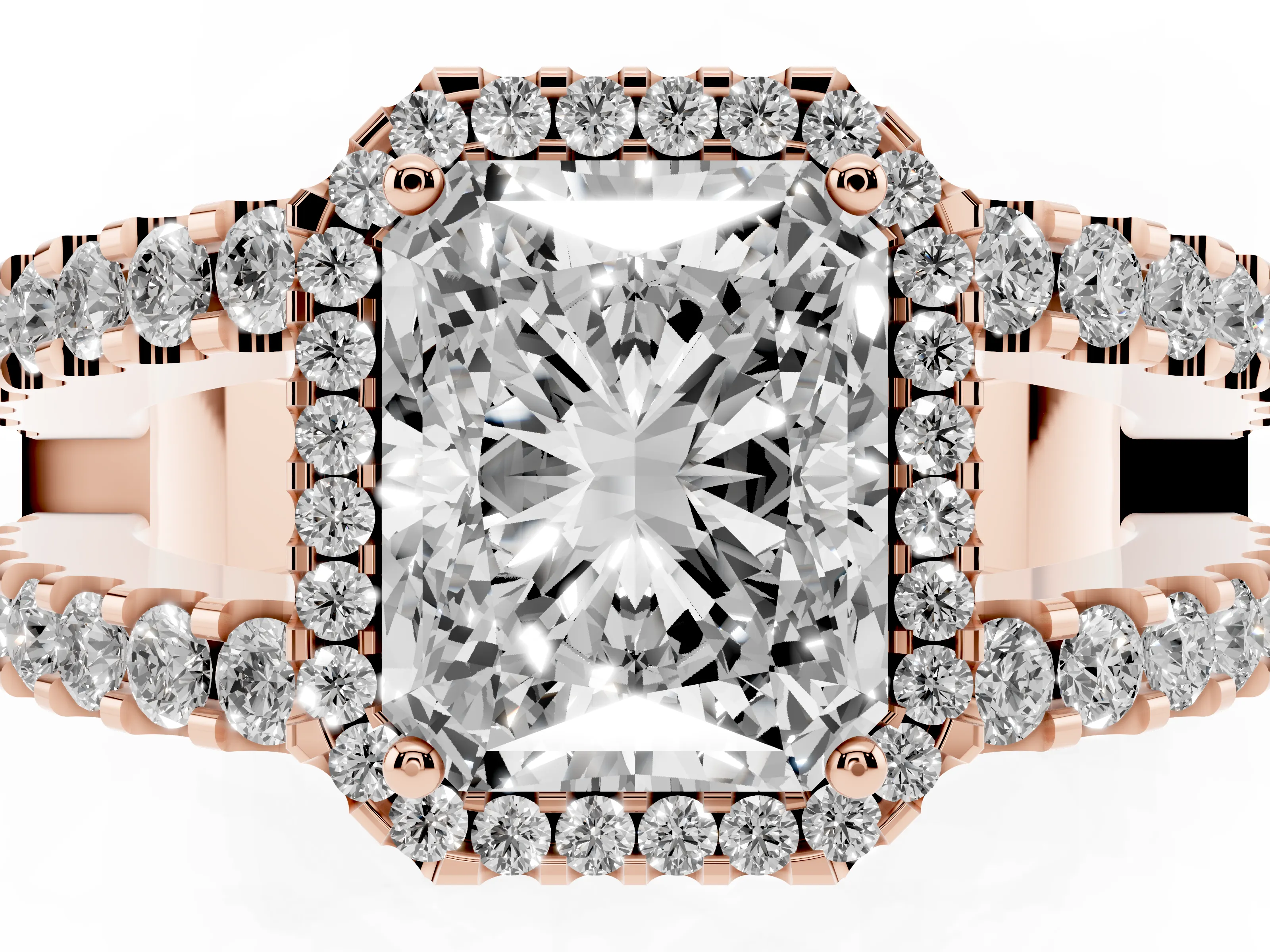 Radiant Cut Diamond Halo Ring Set in Rose gold with Pavé Split Shank and Prong Setting