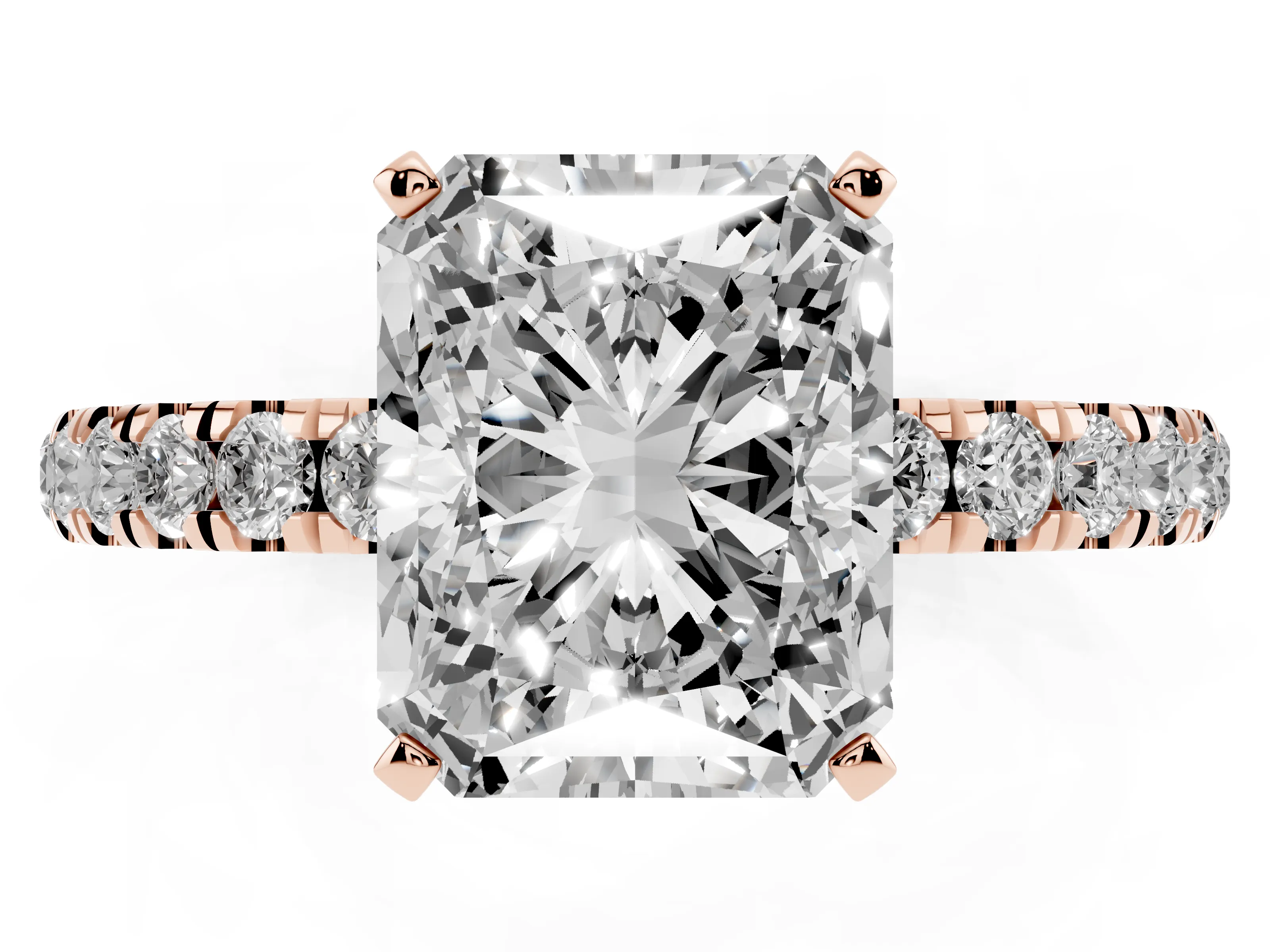 Radiant Cut Diamond Solitaire Ring Set in Rose gold with Pavé Accents and Prong Setting