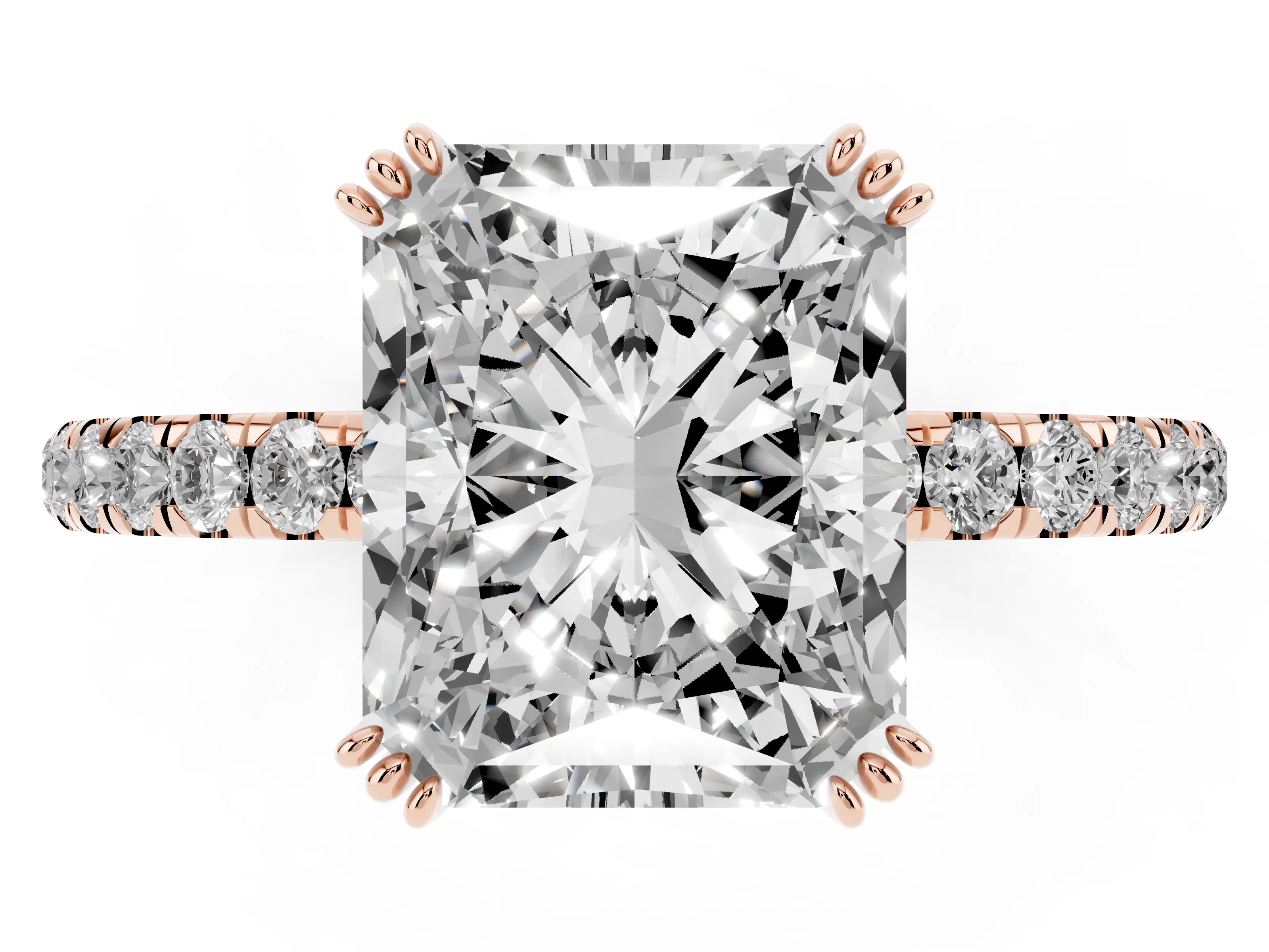 Radiant Cut Diamond Brilliant Solitaire Set in Rose gold with Pavé Band and Claw Prong Setting