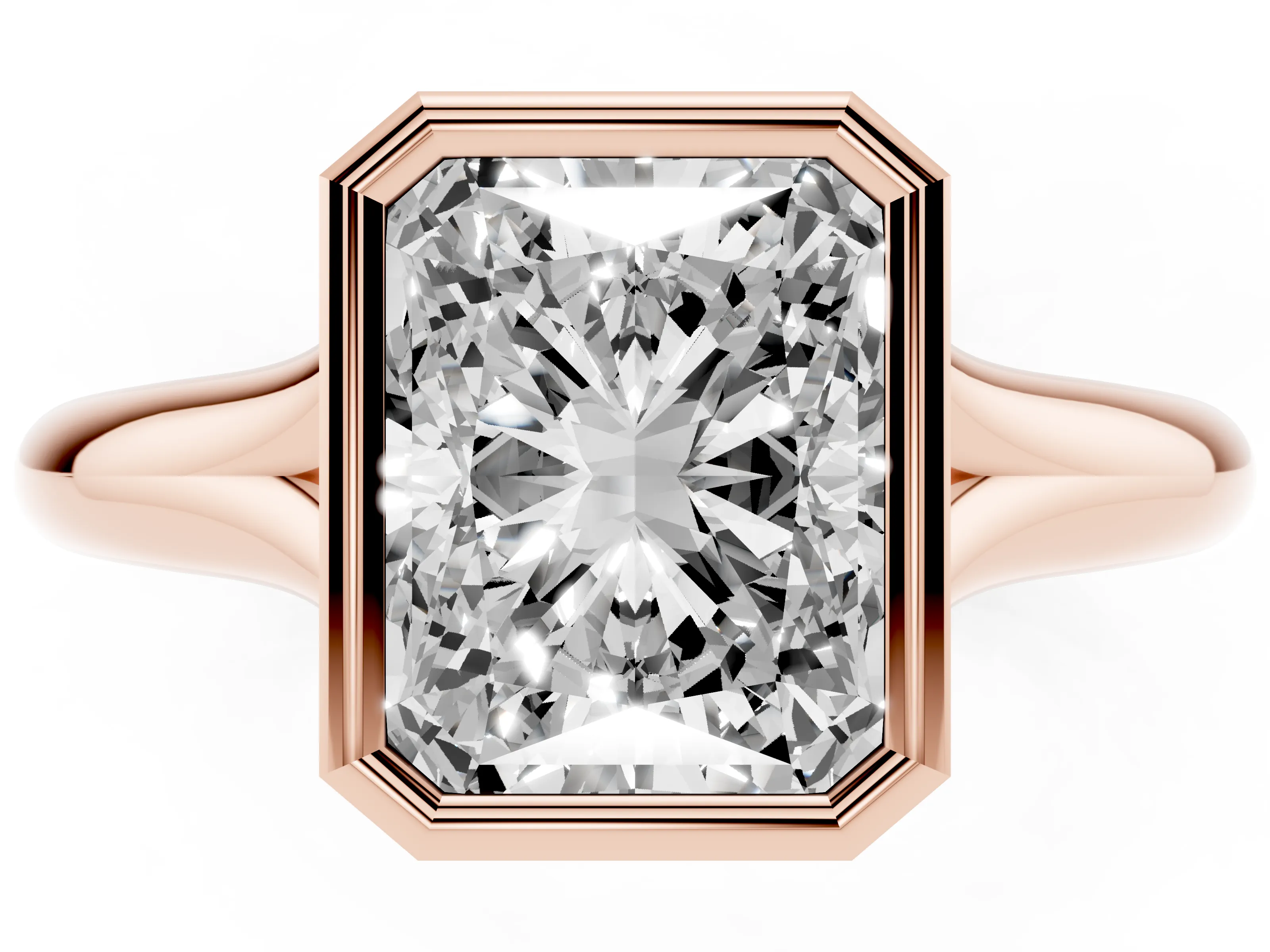 Bezel Set Radiant Cut Diamond Solitaire Ring Set in Rose gold with Smooth Band