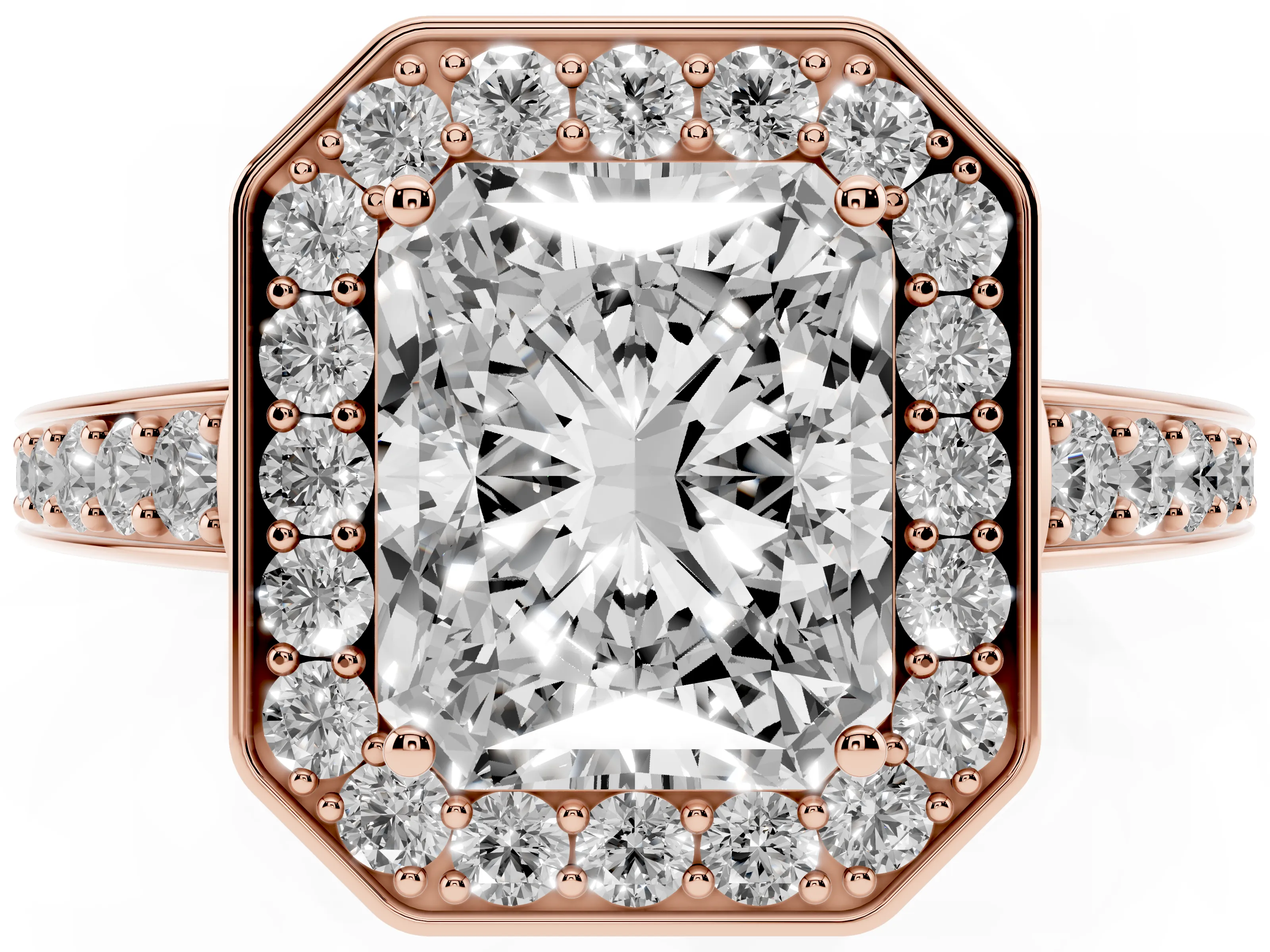 Radiant Cut Diamond Halo Pavé Engagement Ring Set in Rose gold with Bezel Setting