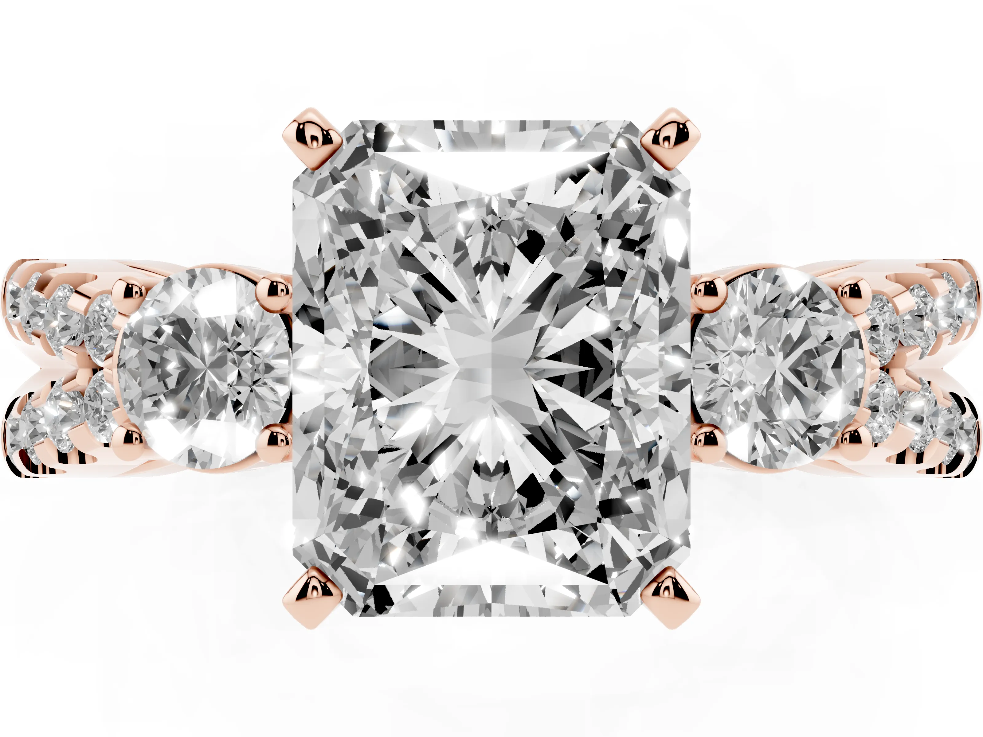 Radiant Cut Diamond Three-Stone Ring Set in Rose gold with Pavé Split Shank and Prong Setting