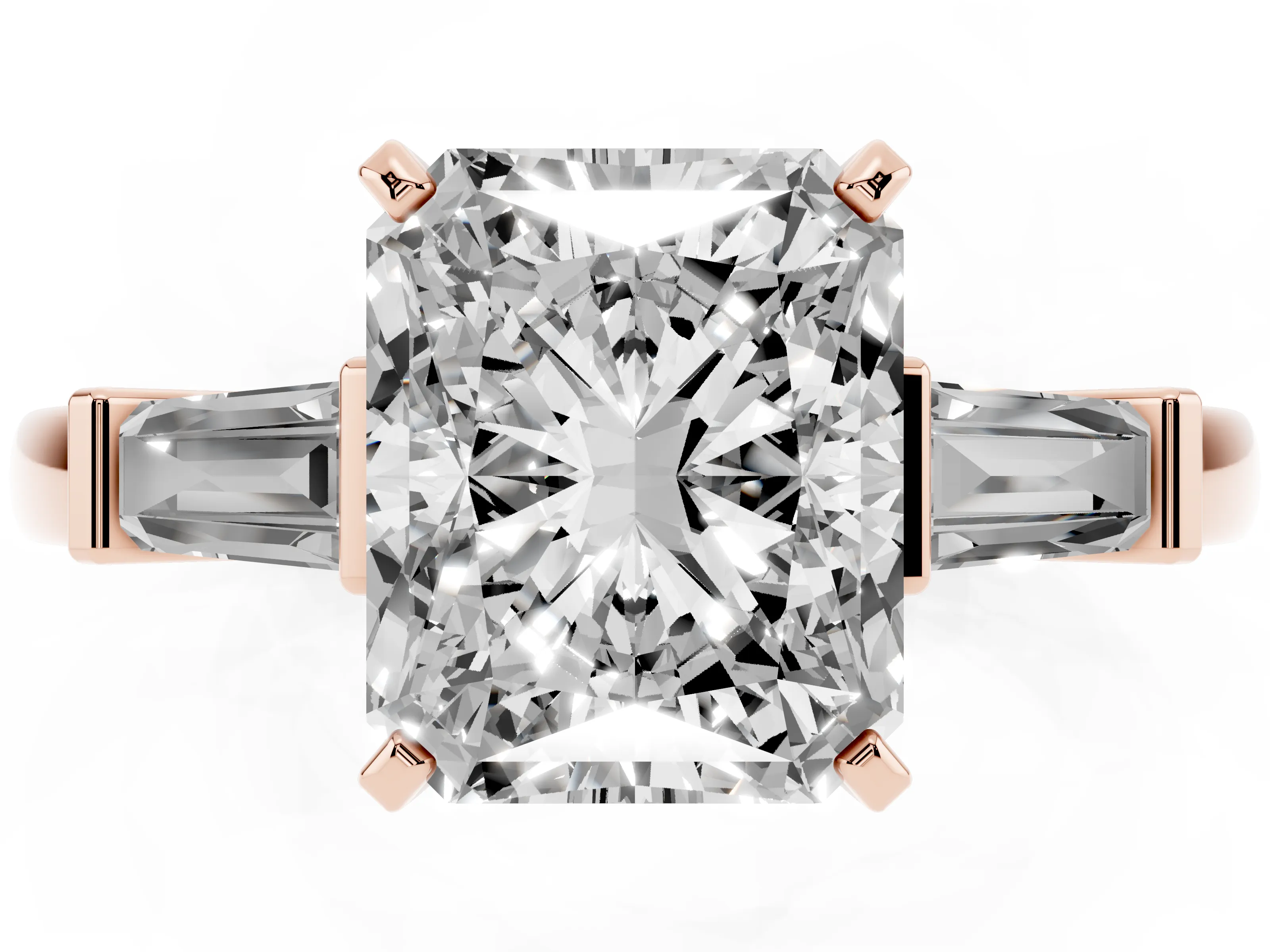Radiant Cut Diamond Solitaire Ring Set in Rose gold with Tapered Baguette Accents and Prong Setting