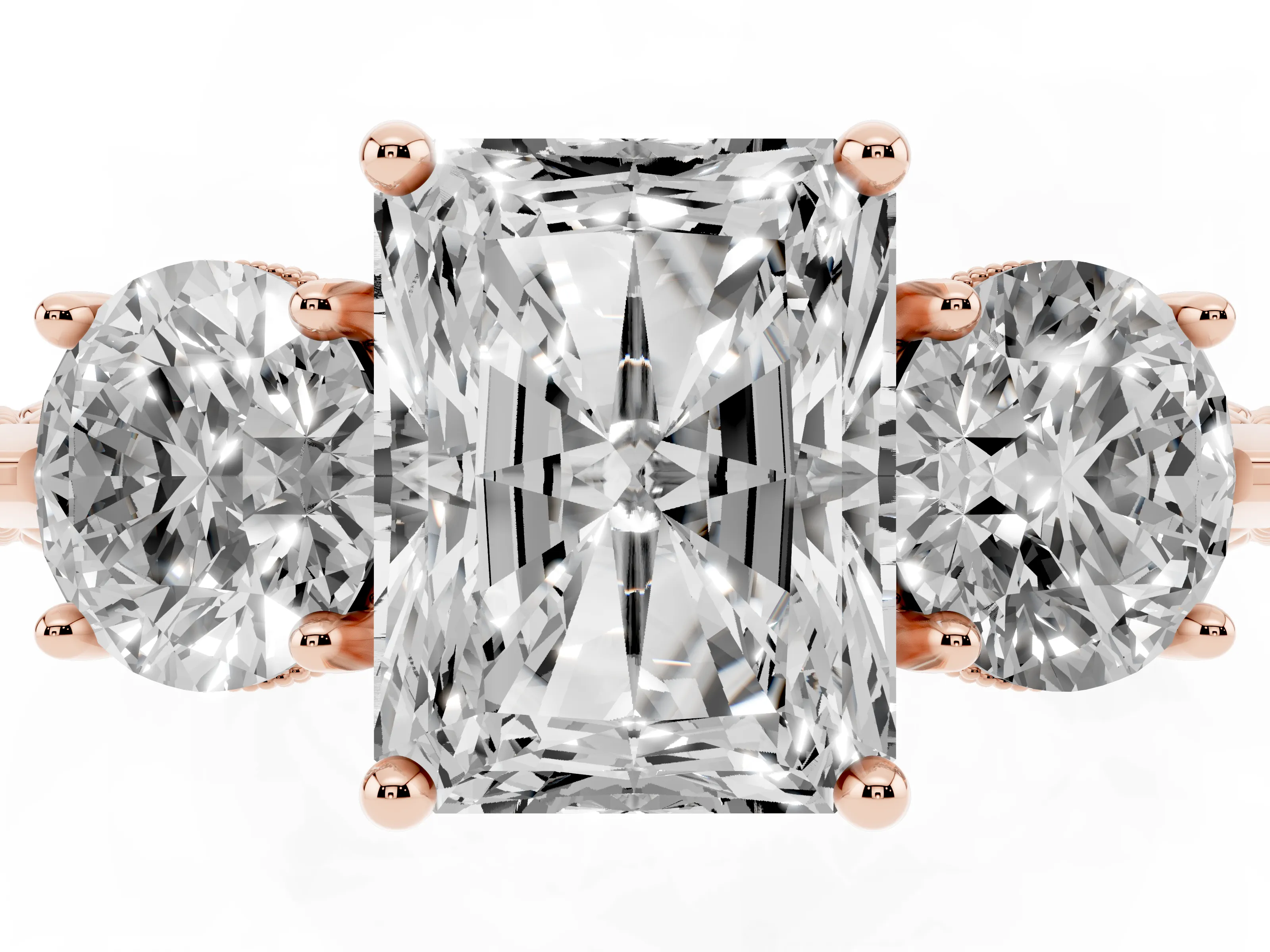 Radiant Cut Diamond Three-Stone Ring Set in Rose gold with Milgrain Band