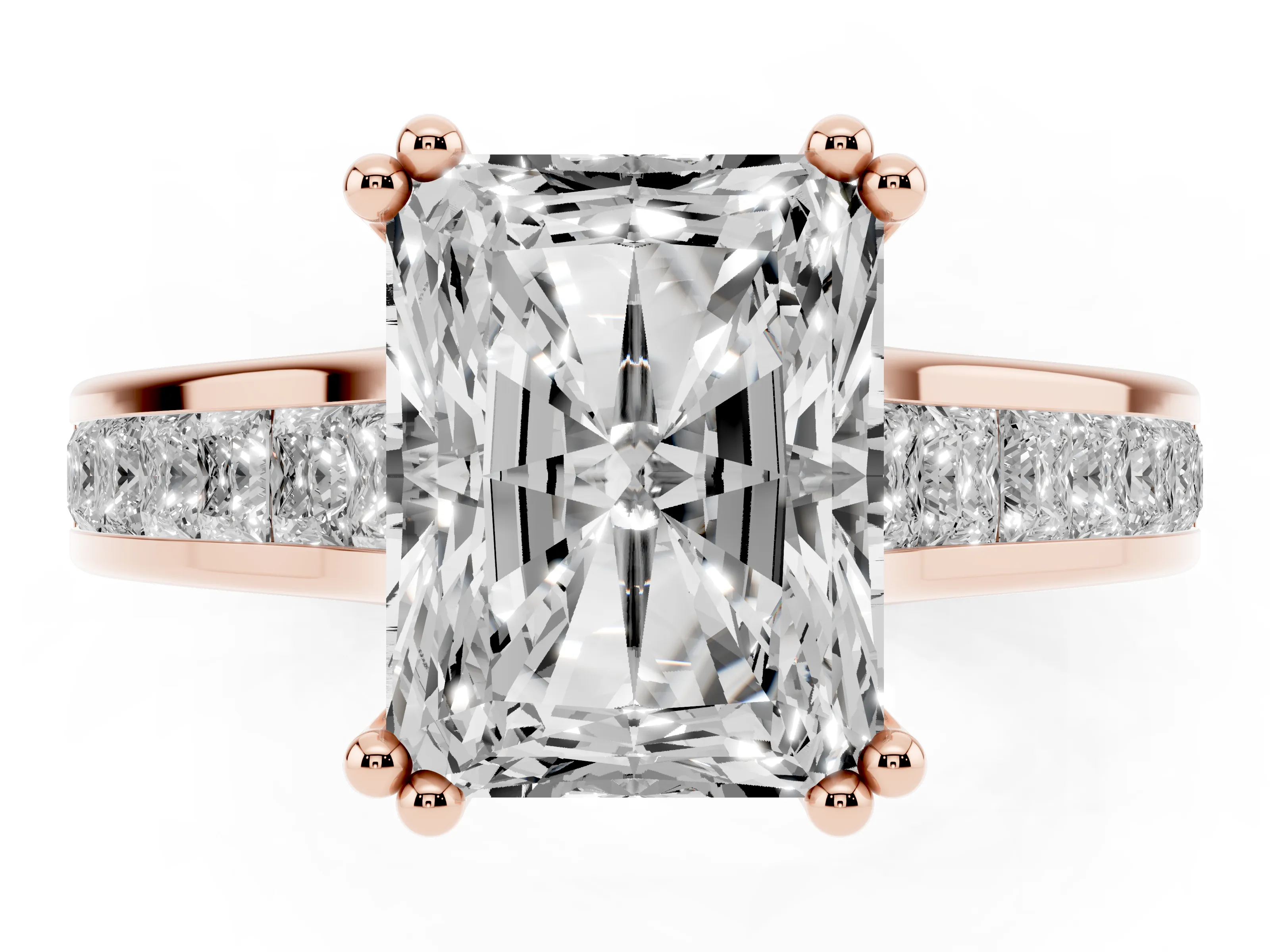 Radiant Cut Cathedral Channel Set Engagement Ring Setting | Double Claw Prongs | Rose Gold