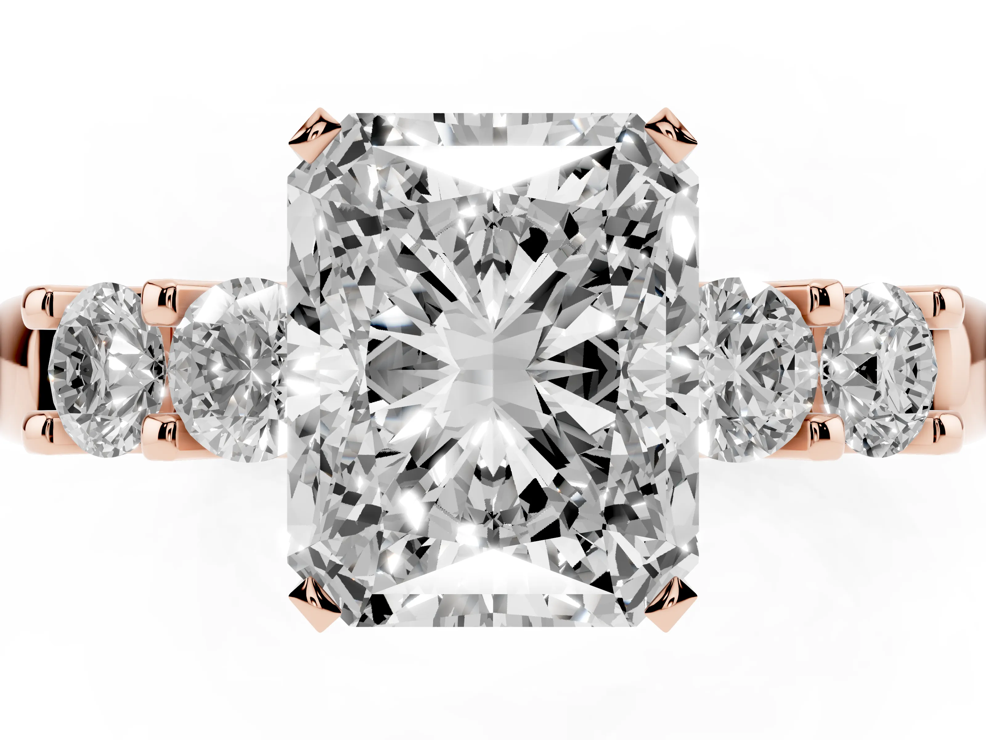 Radiant Cut Diamond Five-Stone Prong Set Engagement Ring Set in Rose gold with Channel Band