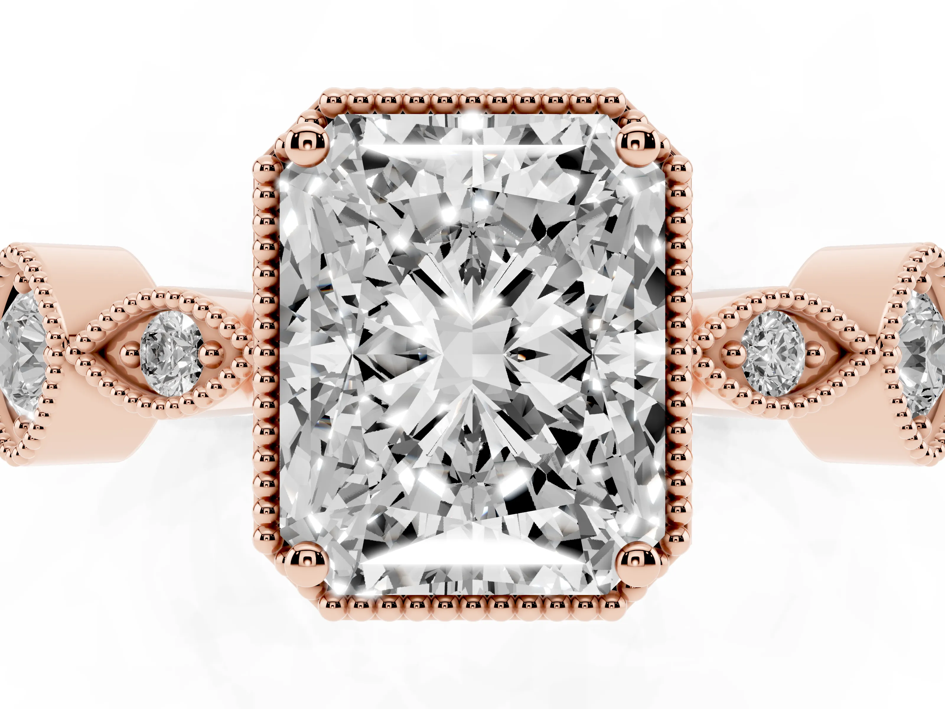 Radiant Cut Diamond Vintage-Inspired Milgrain Ring Set in Rose gold with Marquise Stations of Round Accents