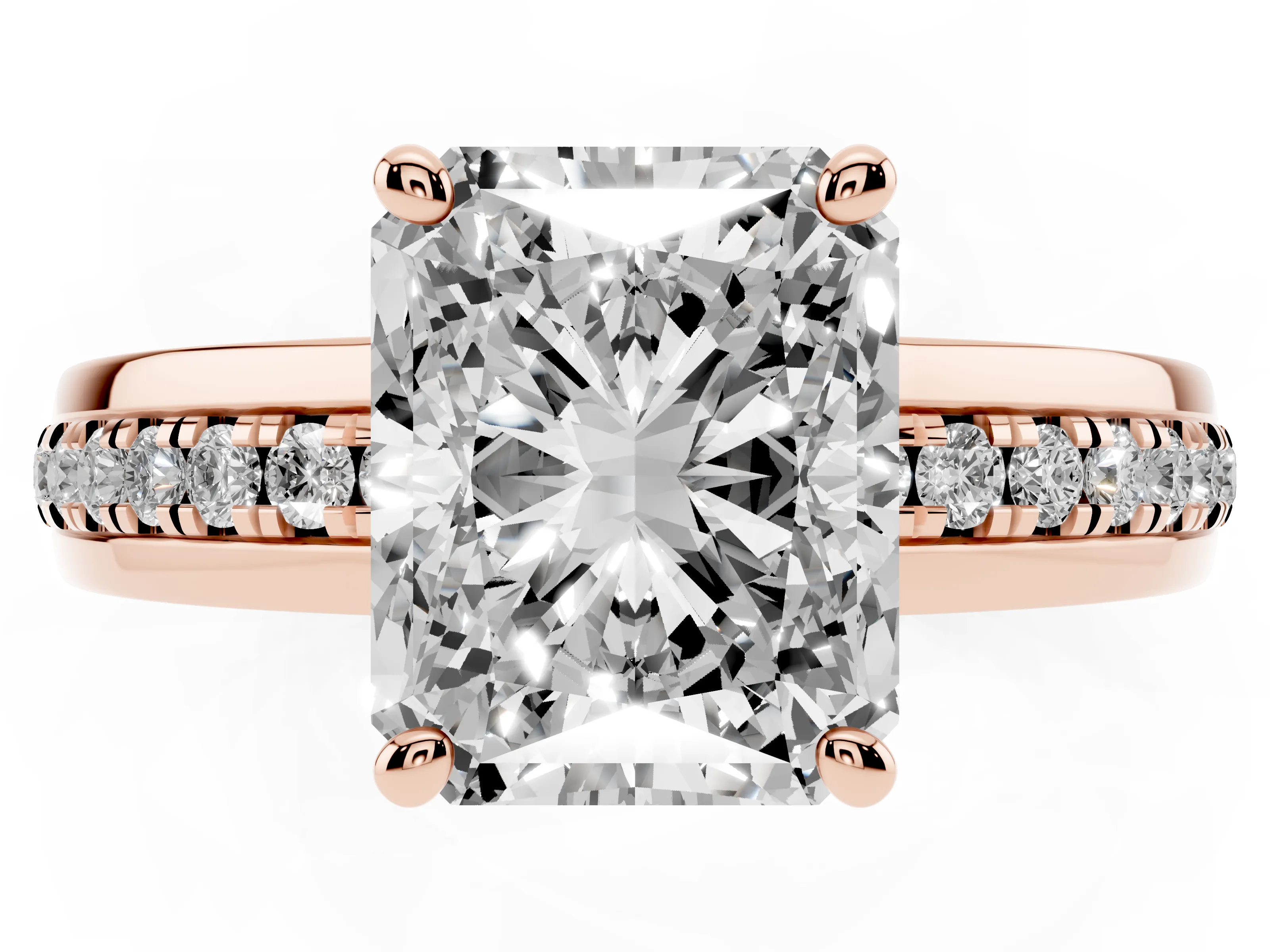 Radiant Cut Diamond Solitaire Ring Set in Rose gold with Channel Set Band and Prong Setting