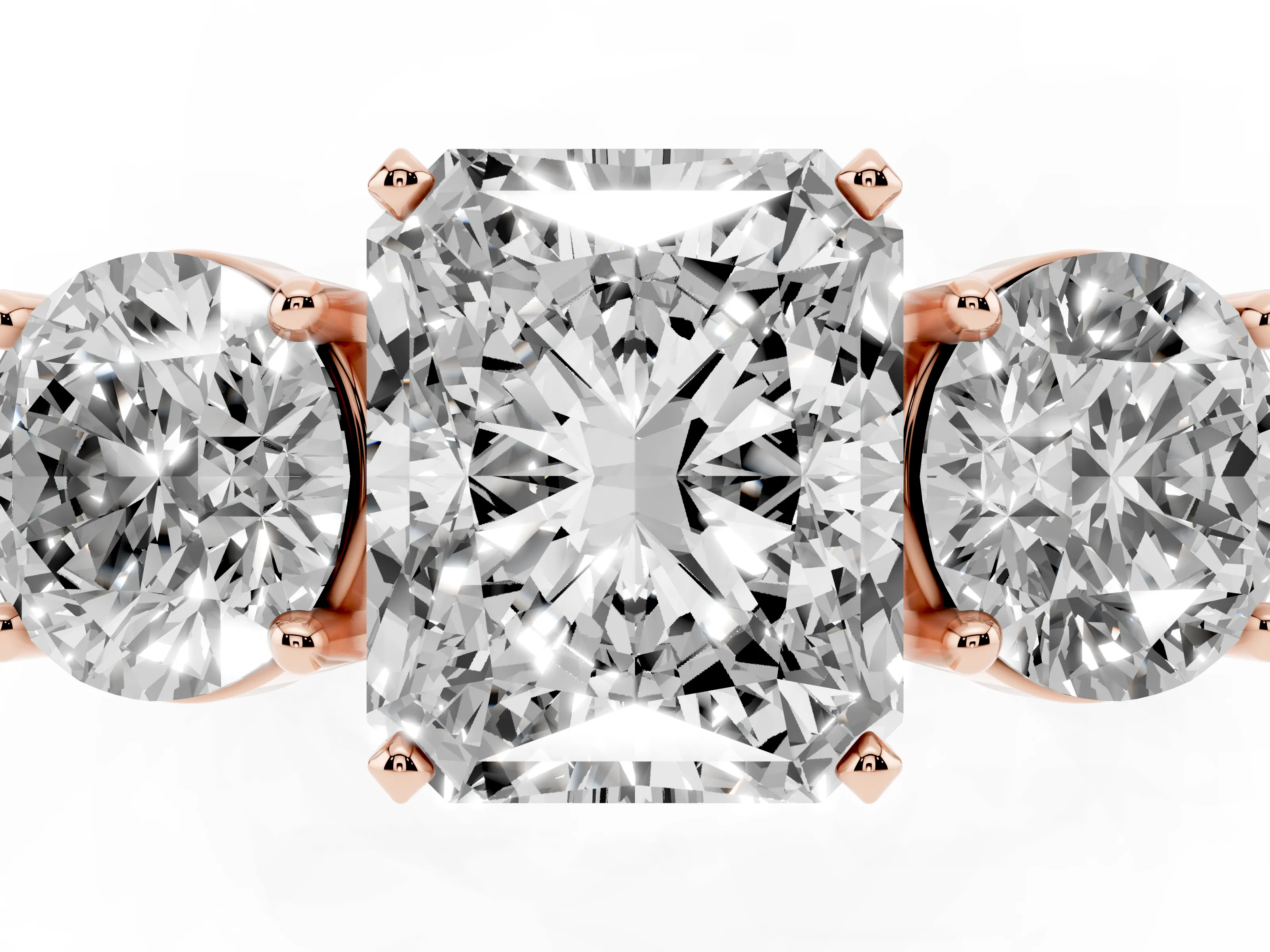 Radiant Cut Diamond Three-Stone Ring Set in Rose gold with Round Side Stones and Classic Band