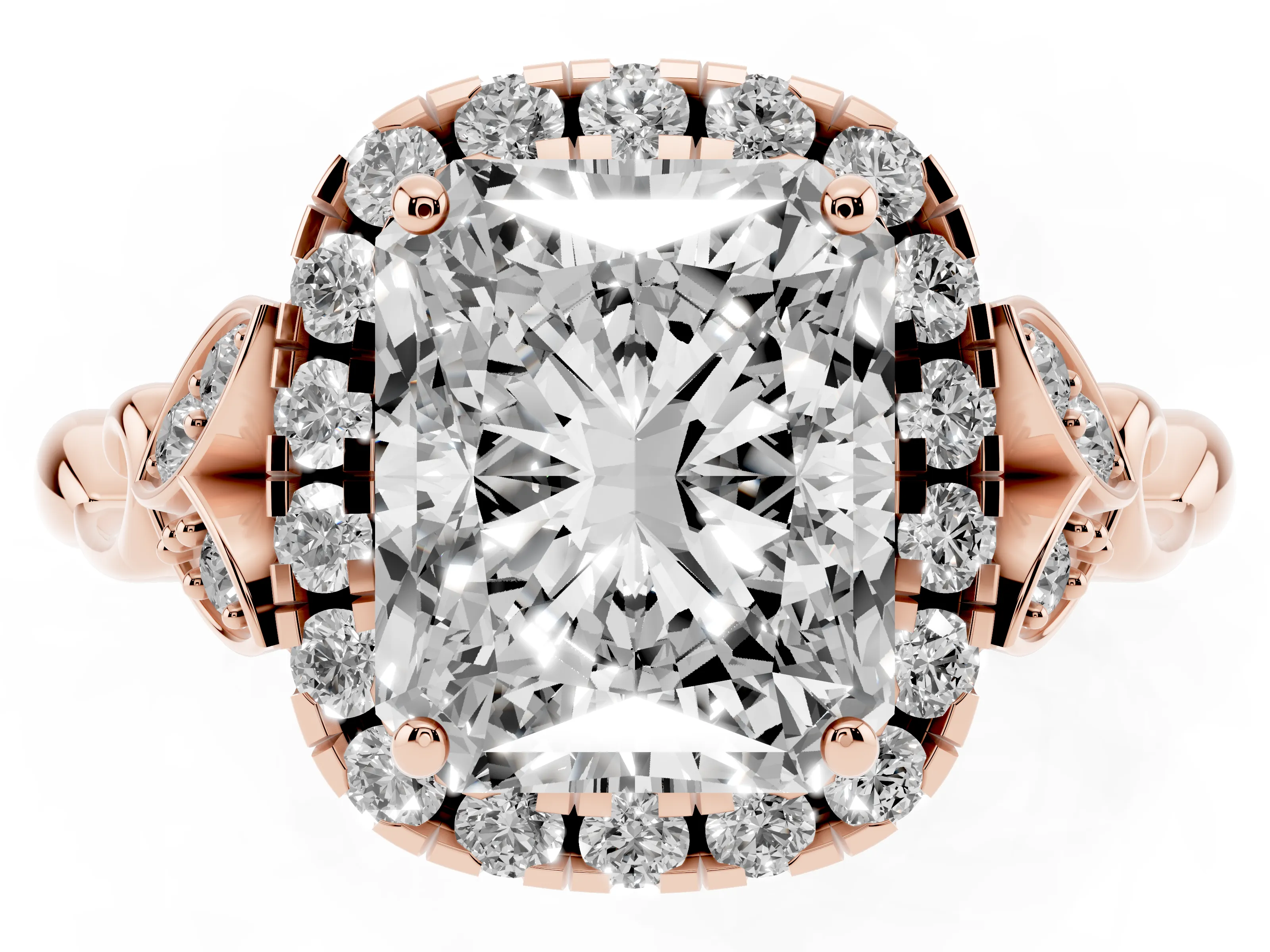 Radiant Cut Diamond Halo Engagement Ring Set in Rose gold with Vintage-Inspired Band and Prong Setting