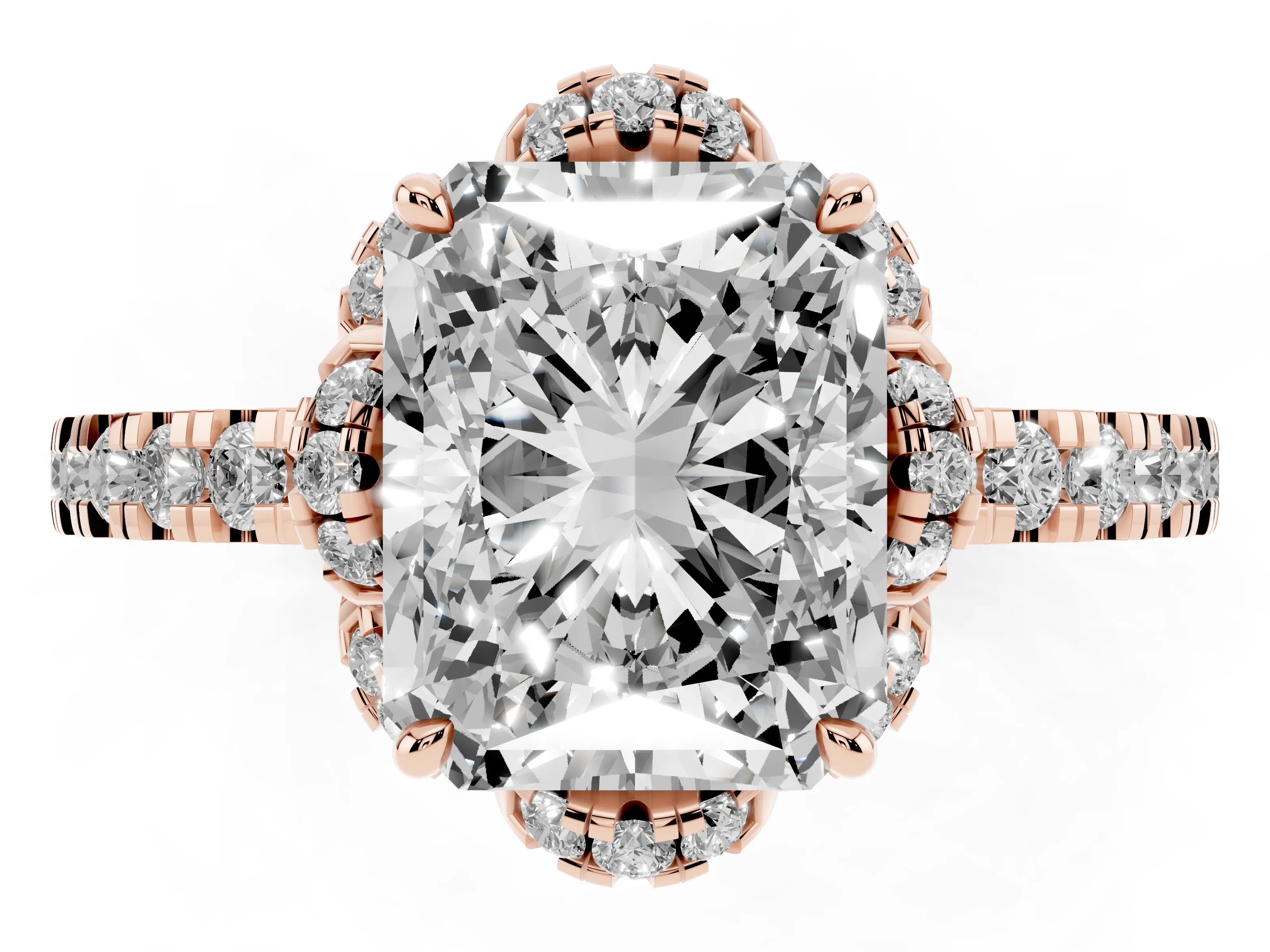 Radiant Cut Diamond Halo Pavé Band Ring Set in Rose gold with Prong-Held Center
