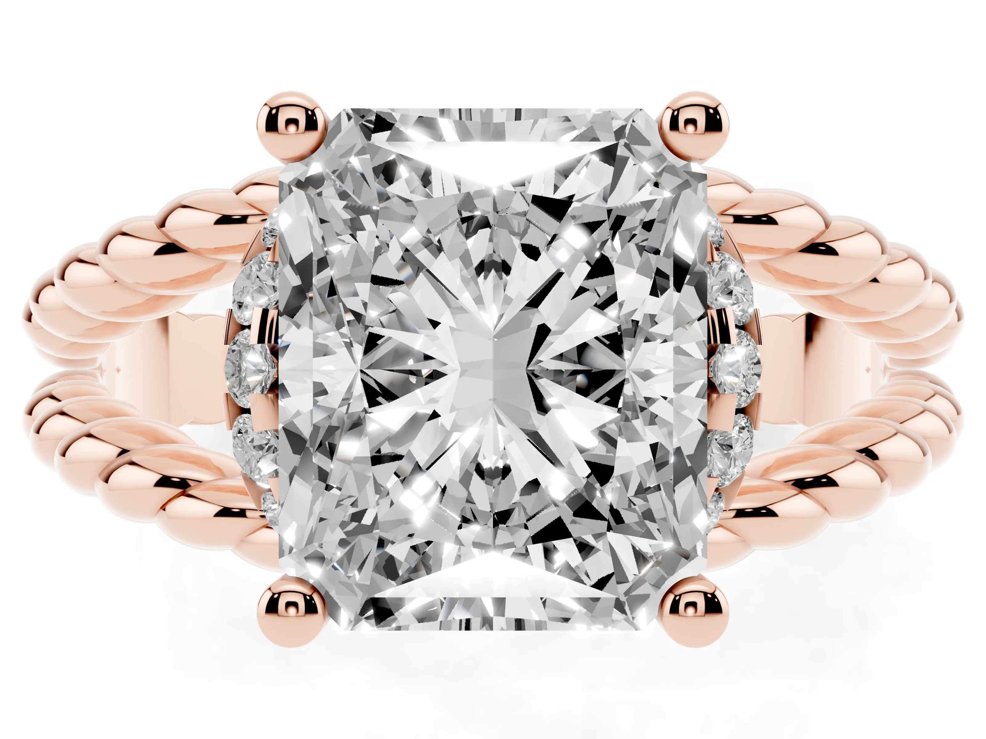 Radiant Cut Diamond Halo Ring Set in Rose gold with Twisted Band and Prong Setting