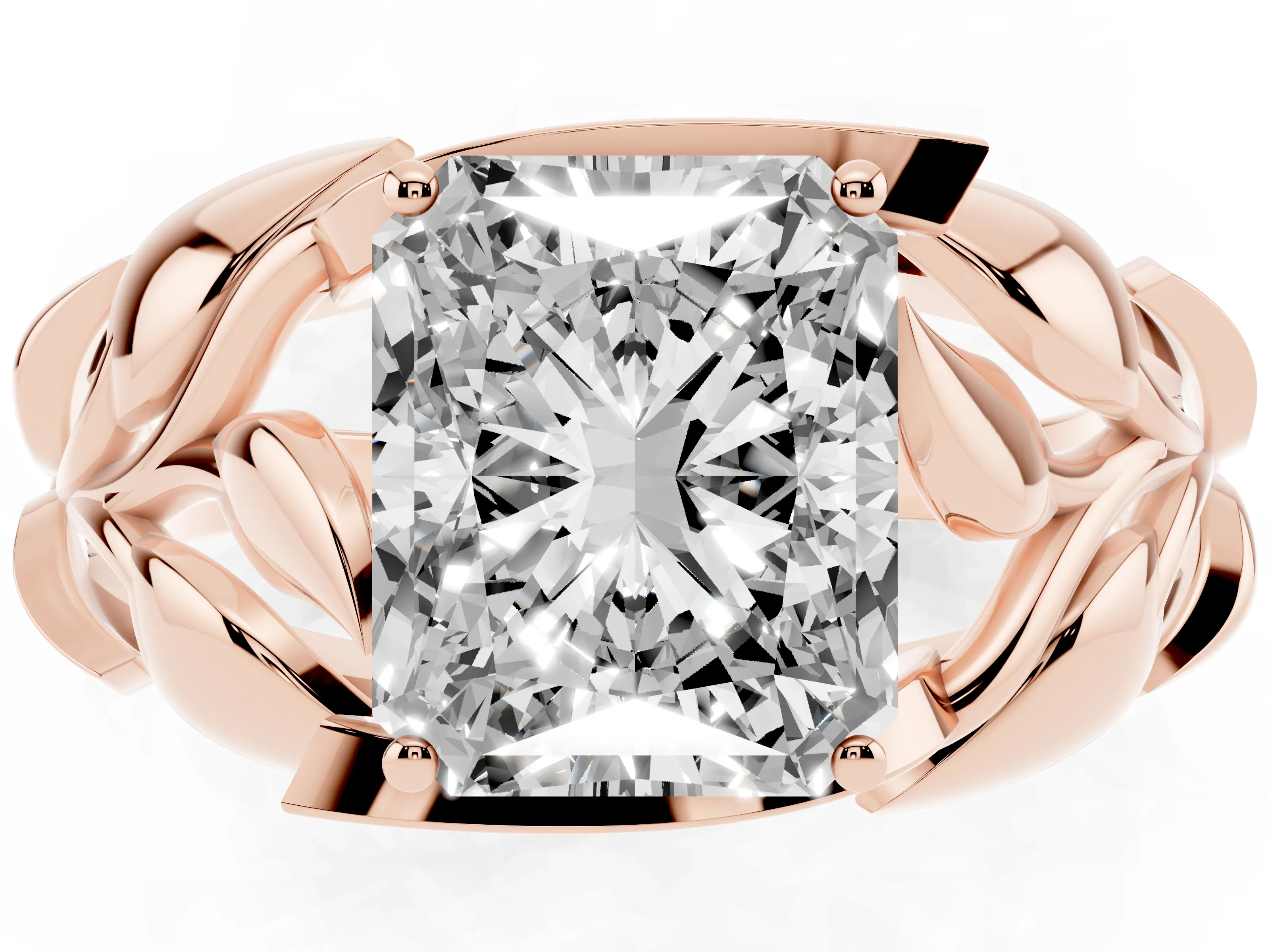 Radiant Cut Diamond Leaf-Inspired Engagement Ring Set in Rose gold with Round Accents