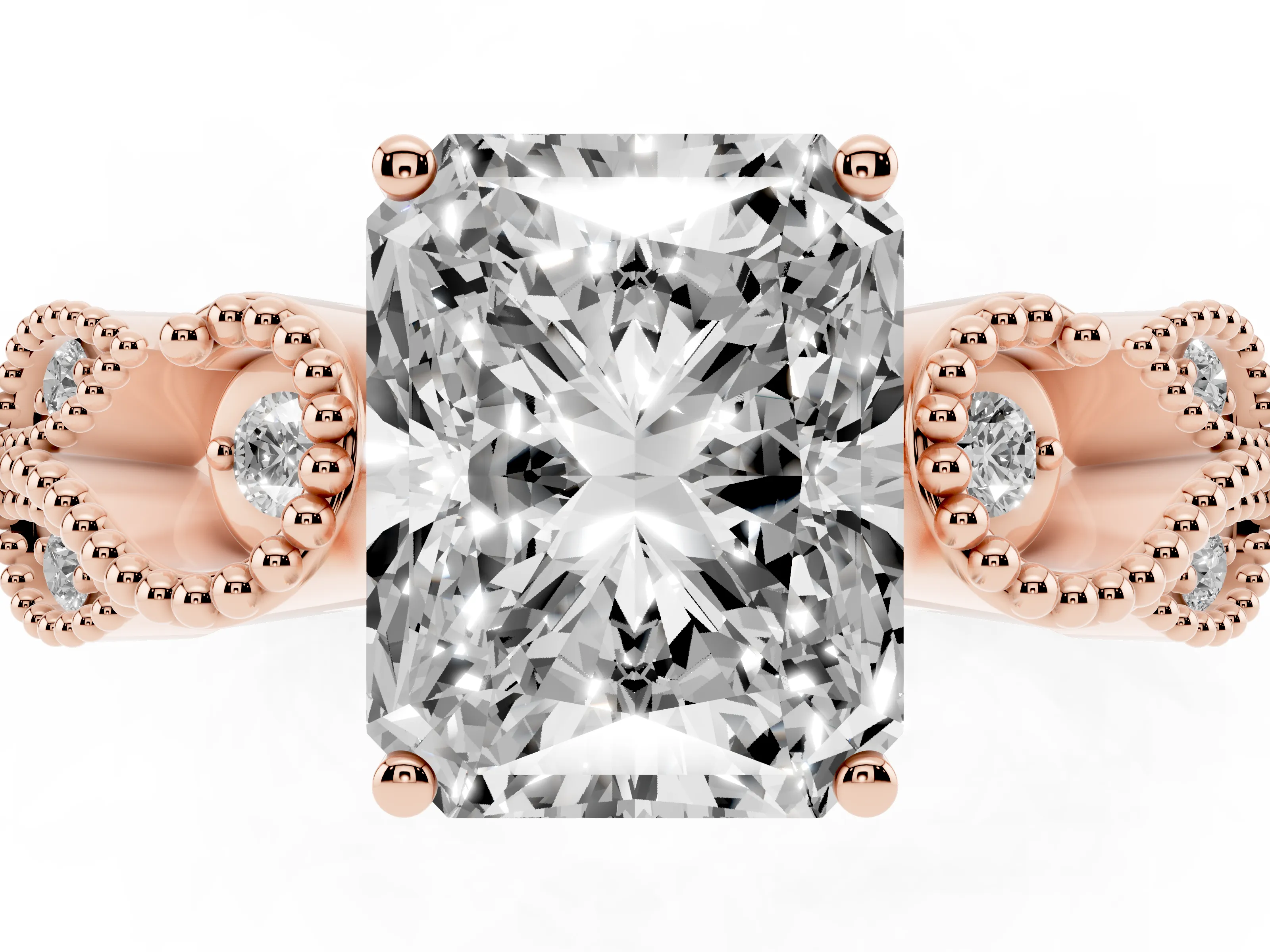Radiant Cut Diamond Milgrain Leaf Band Solitaire Ring Set in Rose gold with Accent Stones and Prong Setting