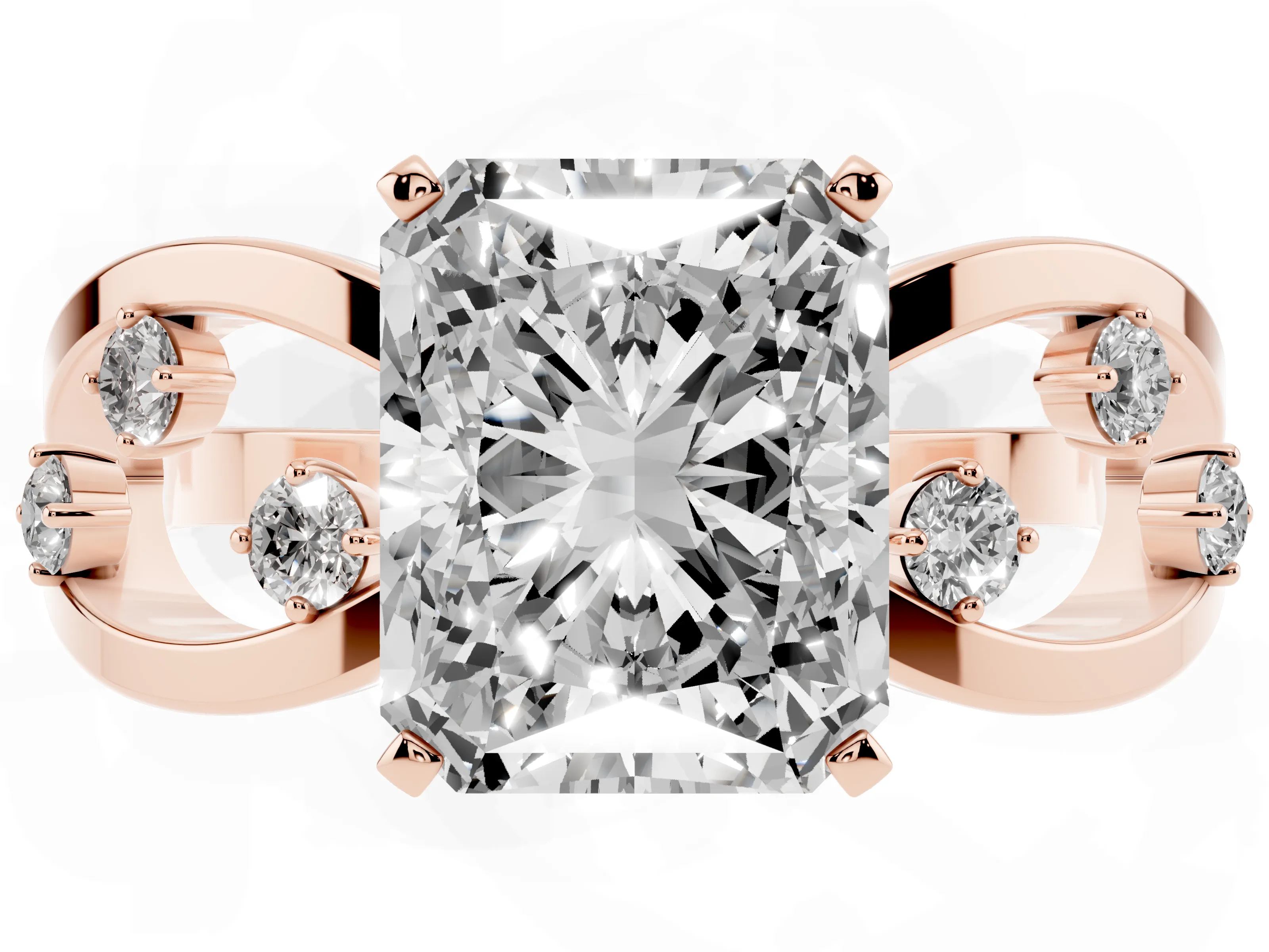 Radiant Cut Diamond Solitaire Ring Set in Rose gold with Side Stones on Criss-Cross Band and Prong Setting