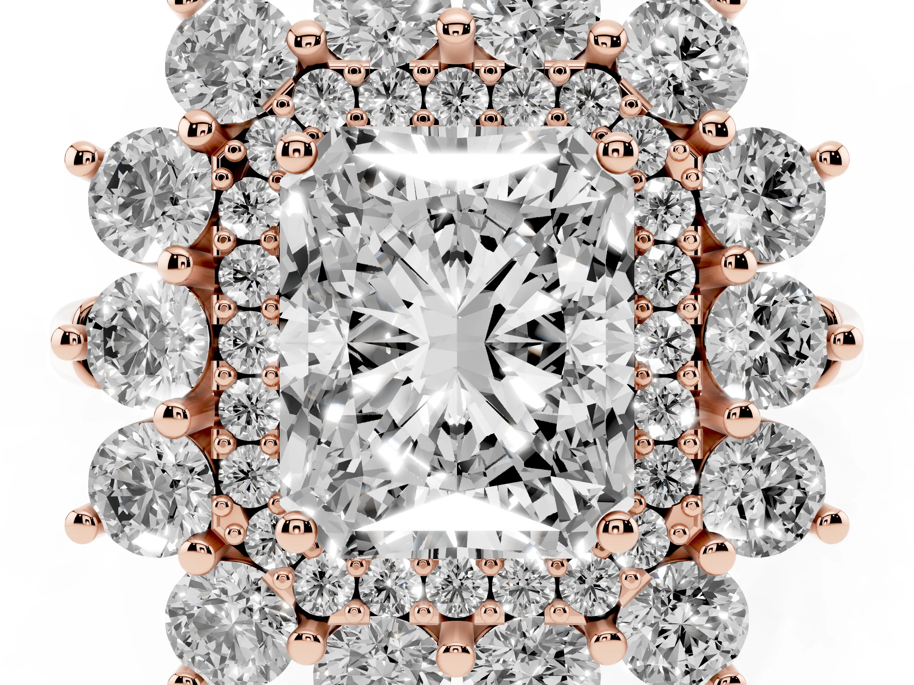 Radiant Cut Diamond Floral Double Halo Ring Set in Rose gold with Round Petals