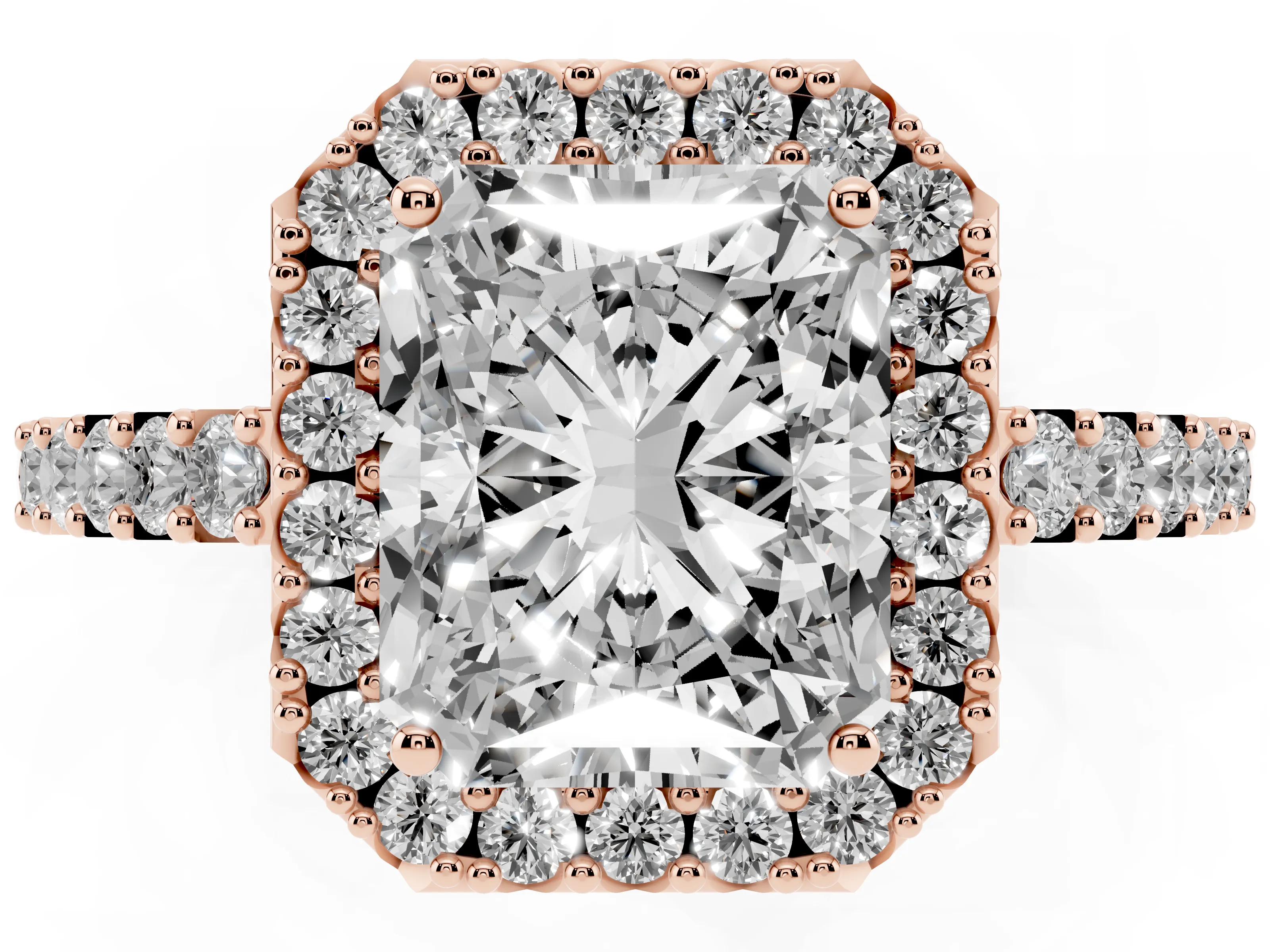 Radiant Cut Diamond Halo Pavé Solitaire Ring Set in Rose gold with Prong-Set Center Stone