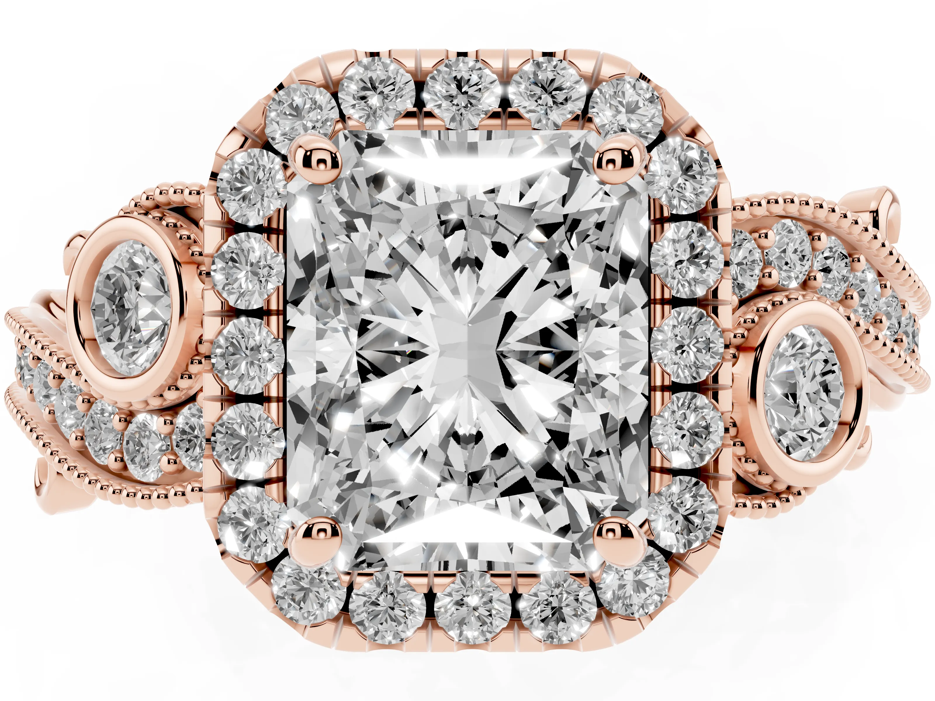 Radiant Cut Diamond Halo Ring Set in Rose gold with Milgrain Pavé Band and Prong Setting