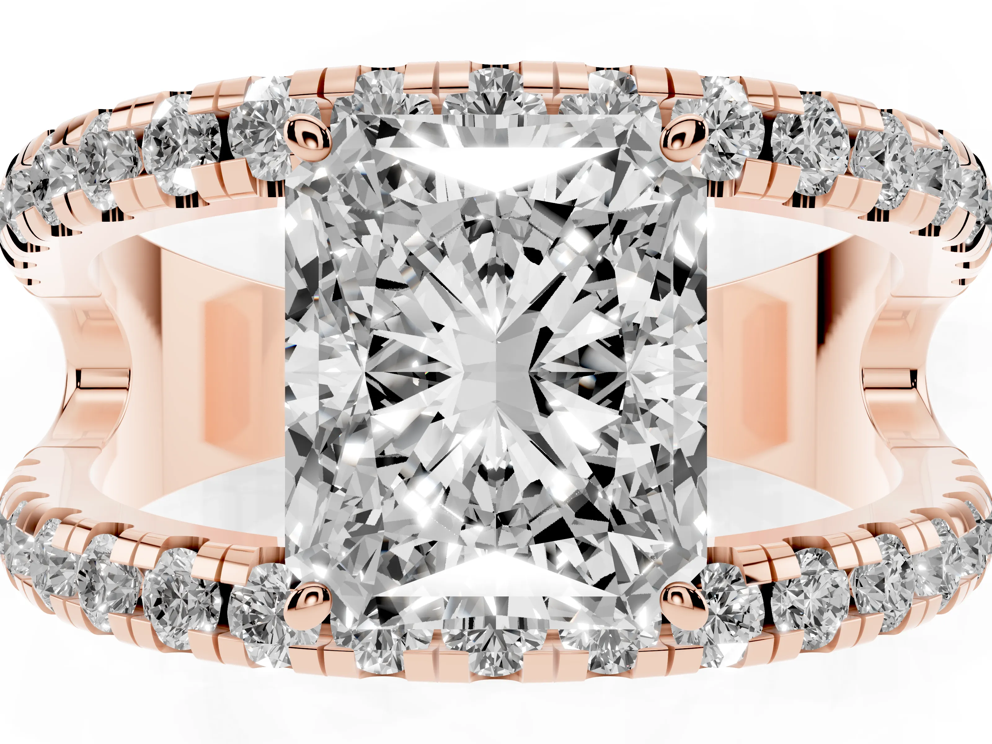 Radiant Cut Diamond Split Shank Pavé Solitaire Ring Set in Rose gold with Open Shank Design