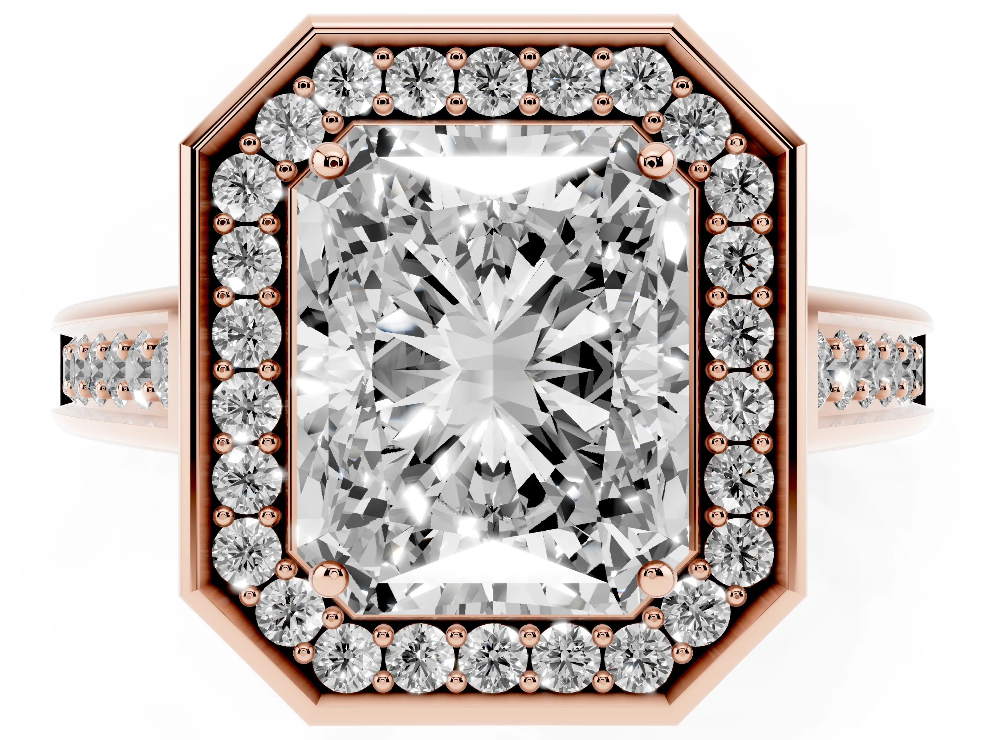 Radiant Cut Diamond Halo Solitaire Ring Set in Rose gold with Pavé Band and Bezel Setting