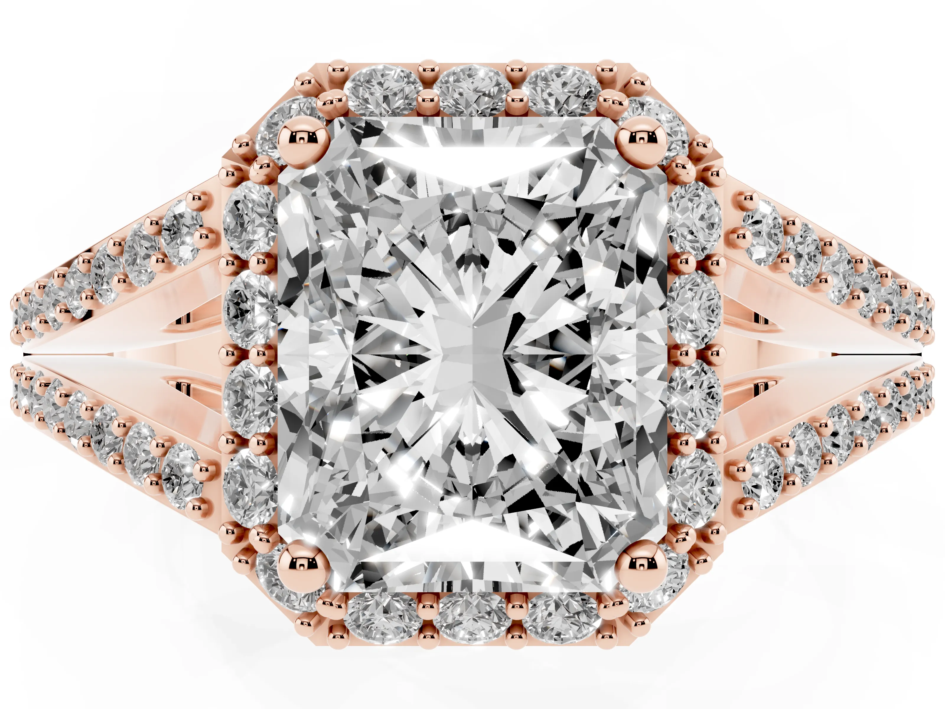 Radiant Cut Diamond Halo Split Shank Pavé Ring Set in Rose gold with Prong Setting
