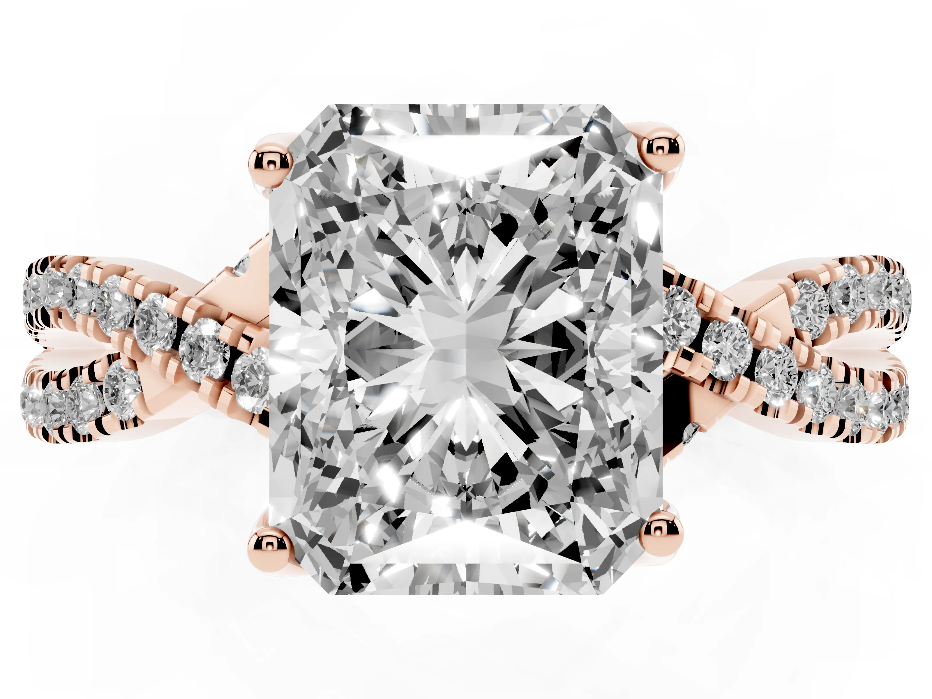 Radiant Cut Diamond Twist Pavé Solitaire Engagement Ring Set in Rose gold with Prong Setting