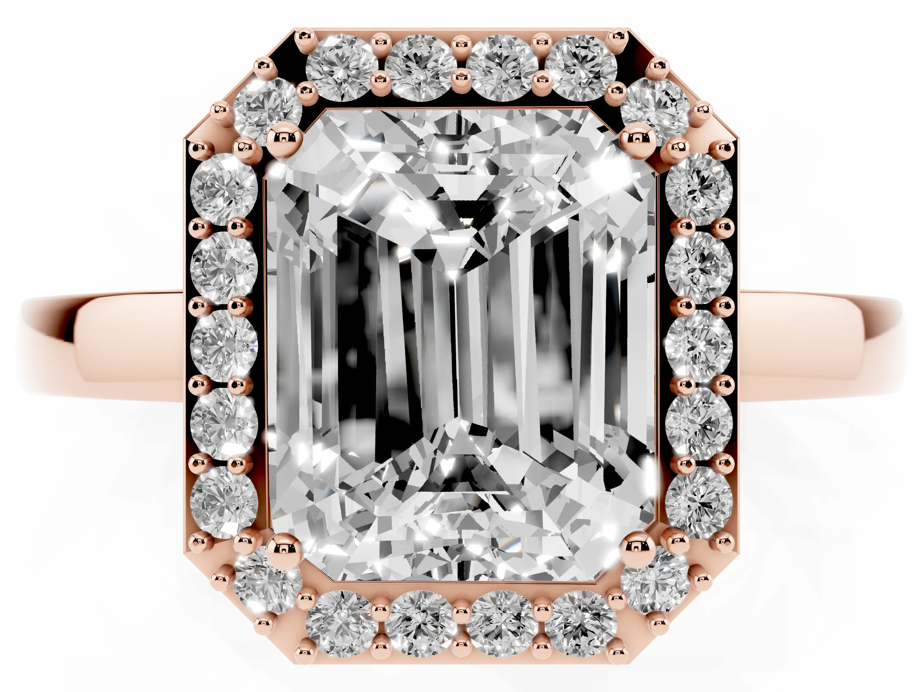 Radiant Cut Diamond Halo Ring Set in Rose gold with Solitaire Band and Prong Setting