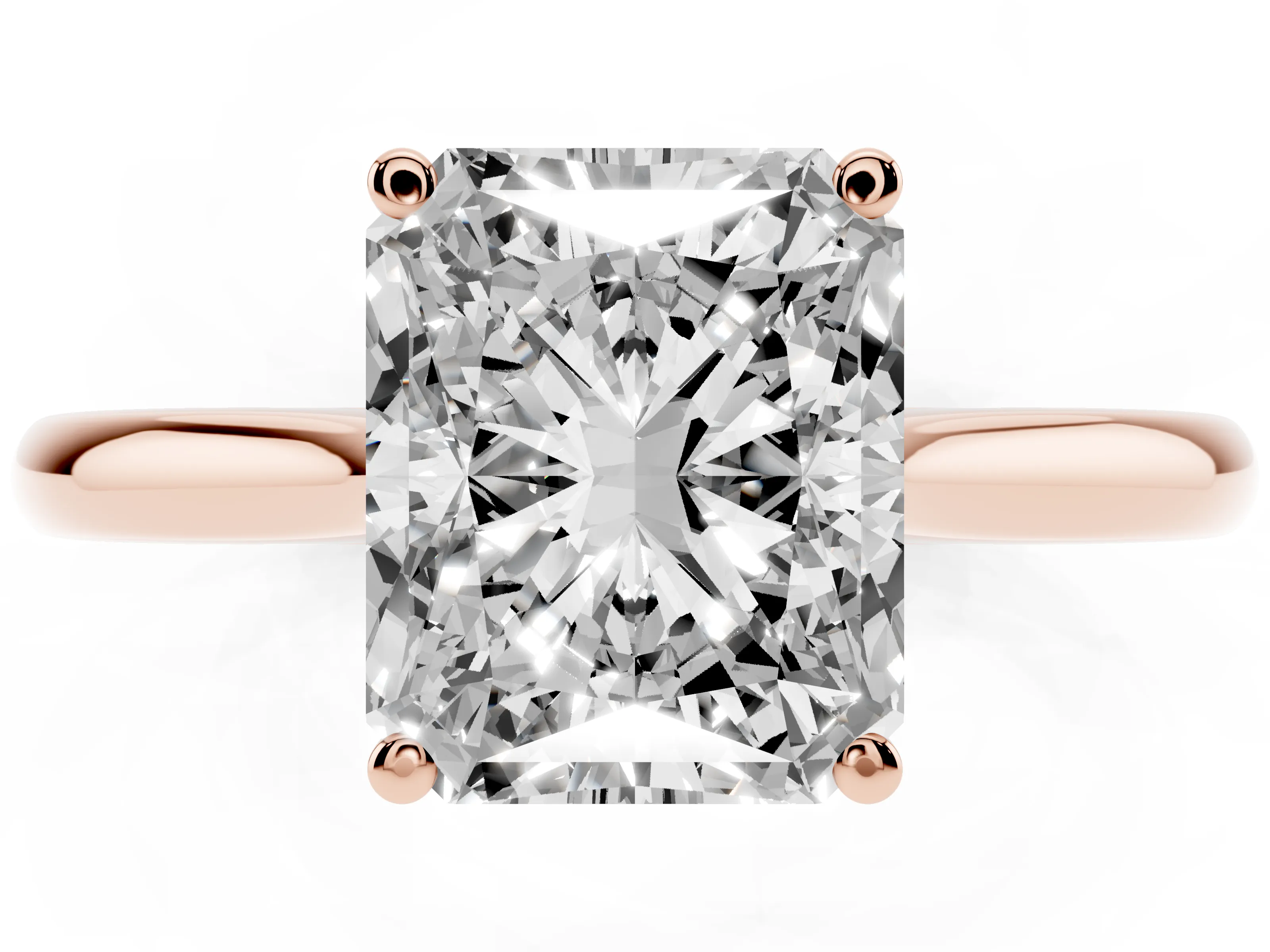 Radiant Cut Diamond Solitaire Ring Set in Rose gold with Cathedral Band and Prong Setting