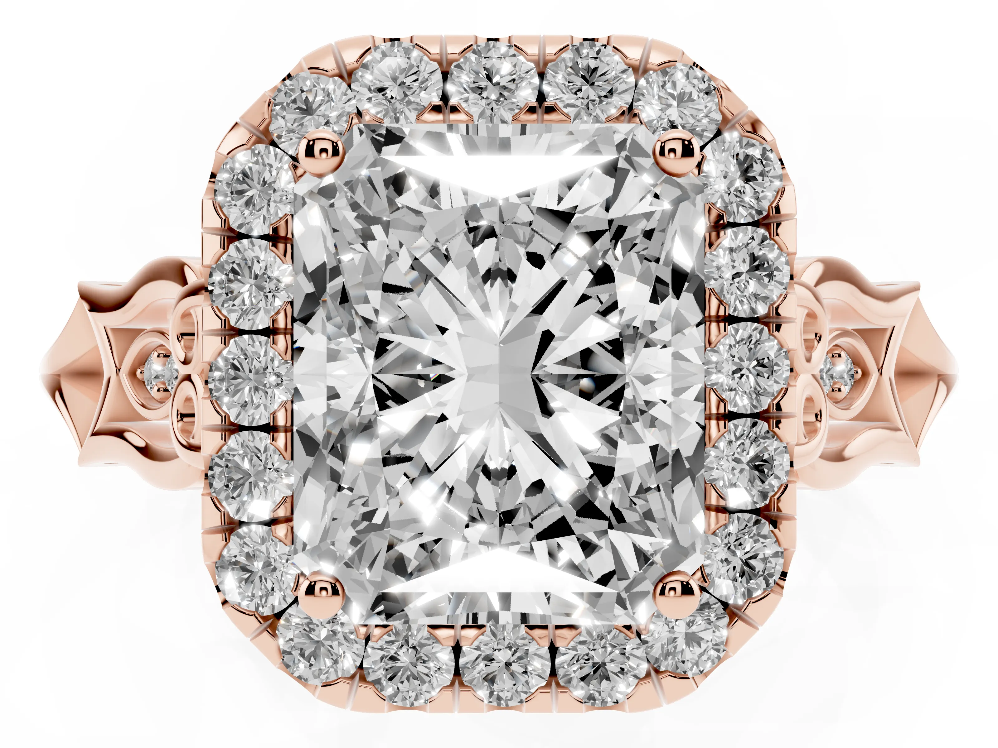 Radiant Cut Diamond Halo Engagement Ring Set in Rose gold with Filigree Band and Prong-Set Center