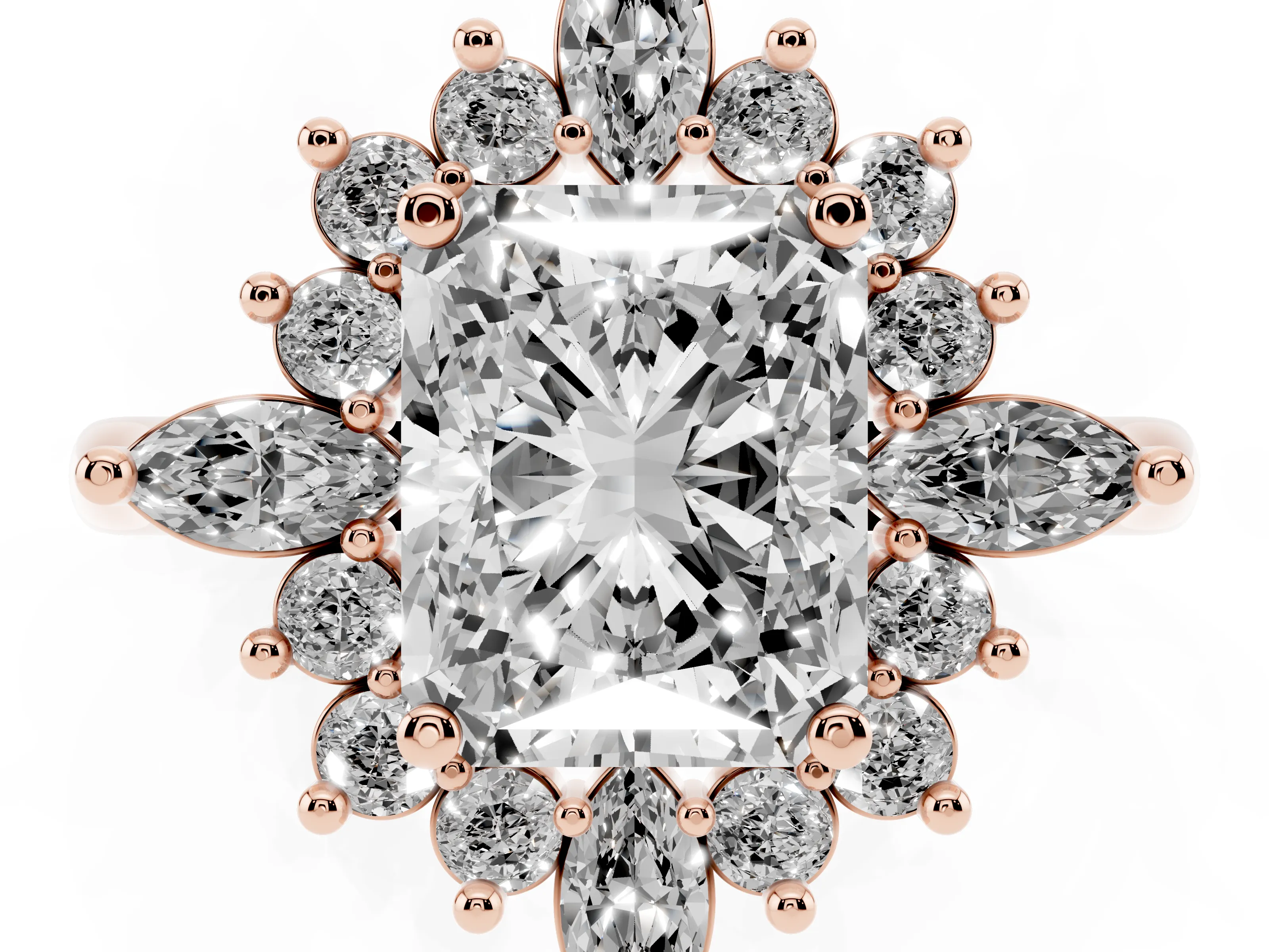 Radiant Cut Diamond Cluster Halo Ring Set in Rose gold with Marquise and Round Accents