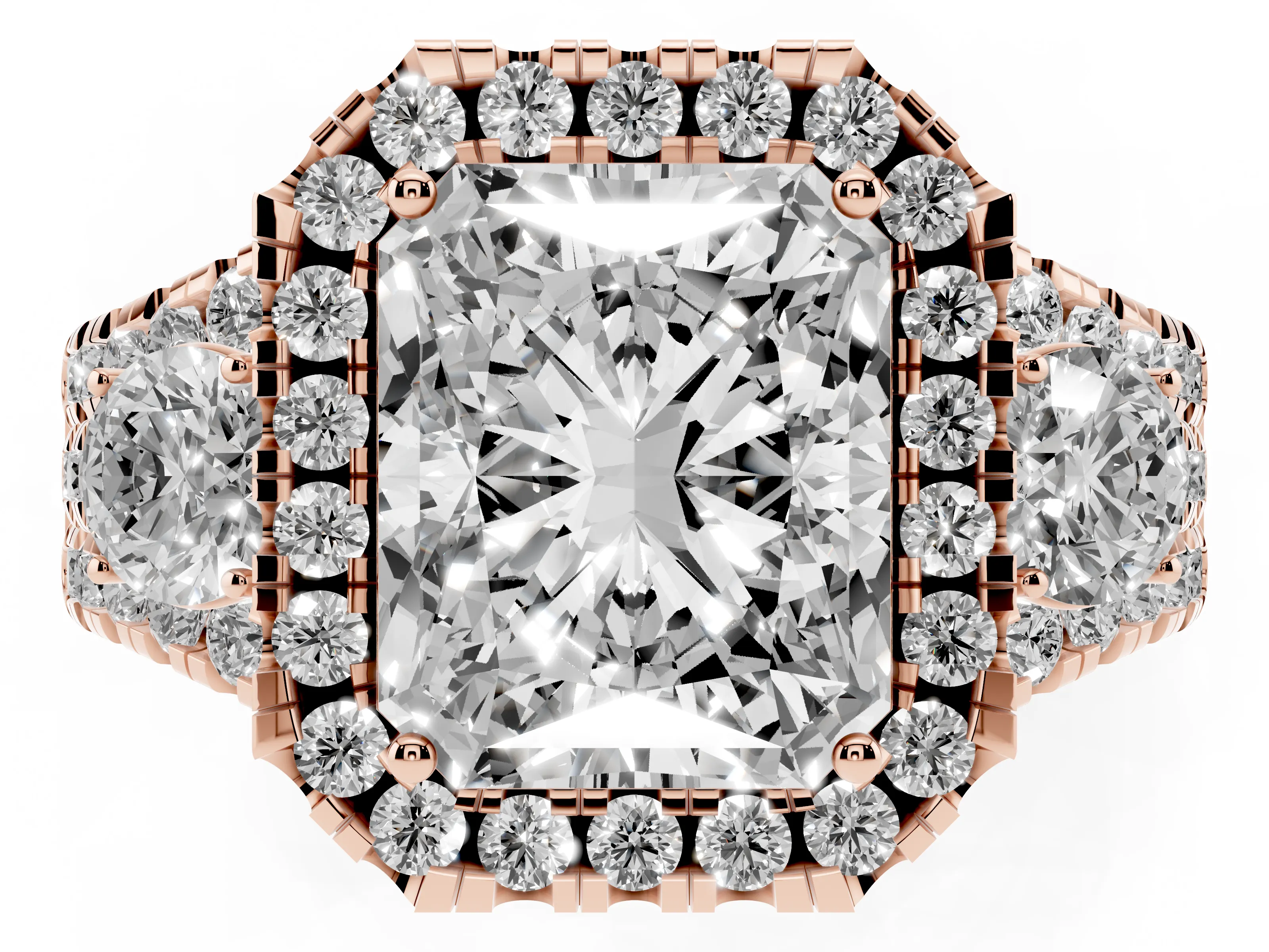Radiant Cut Diamond Halo Split Shank Ring Set in Rose gold with Round Accent Stones and Prong Setting