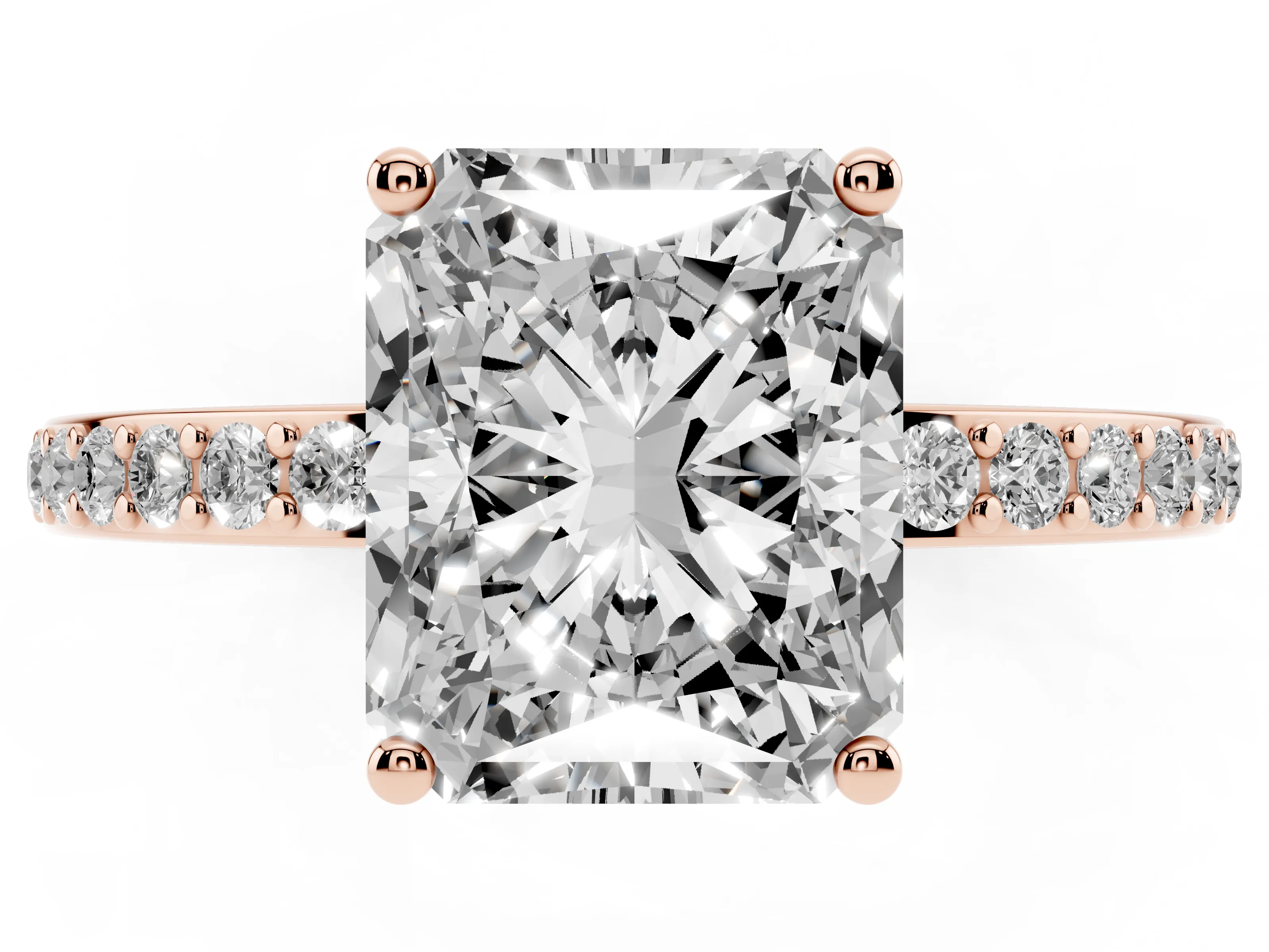 Radiant Cut Diamond Pavé Band Ring Set in Rose gold with Prong-Set Center Stone