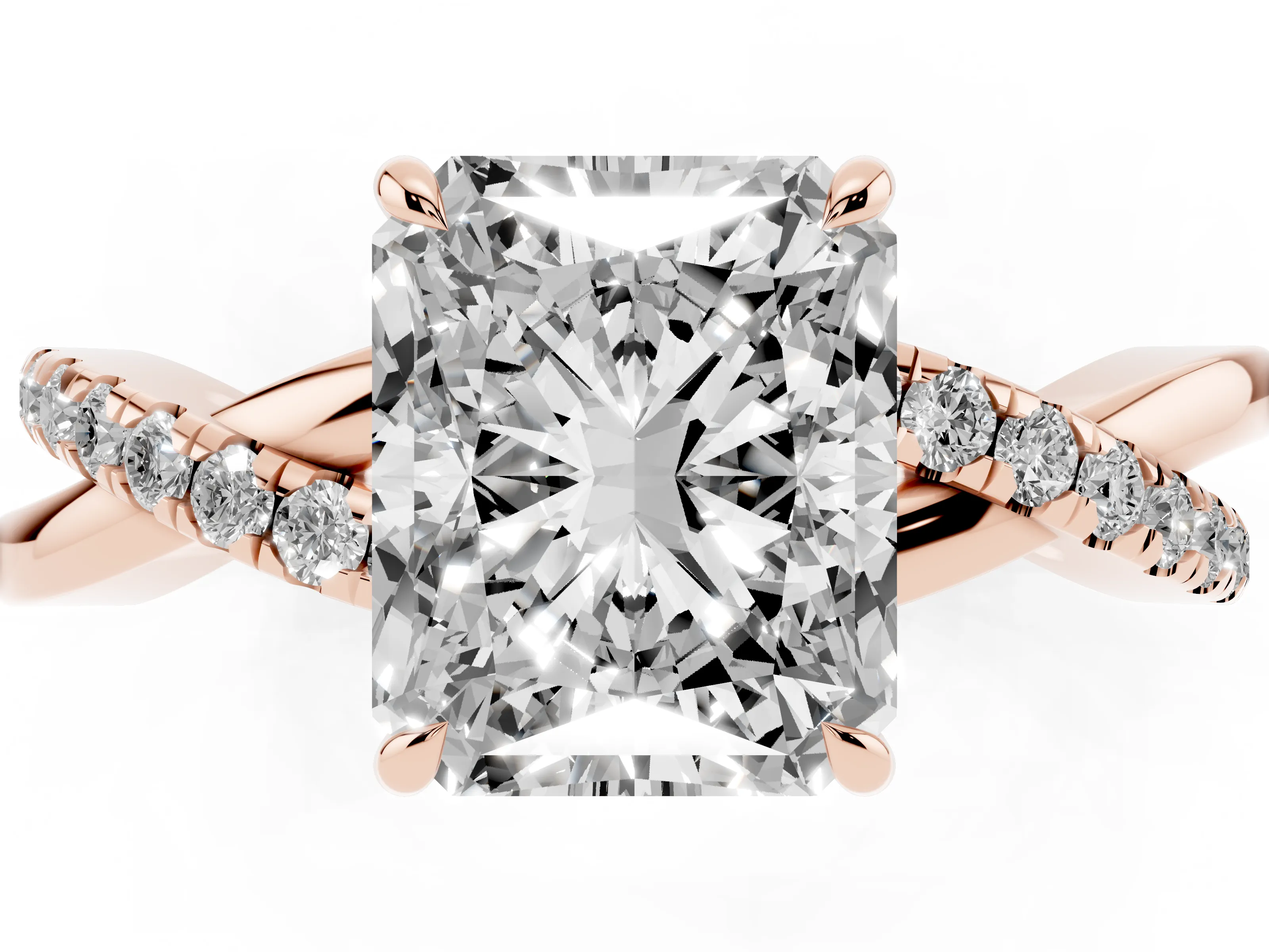 Radiant Cut Diamond Twisted Pavé Band Ring Set in Rose gold with Prong Setting