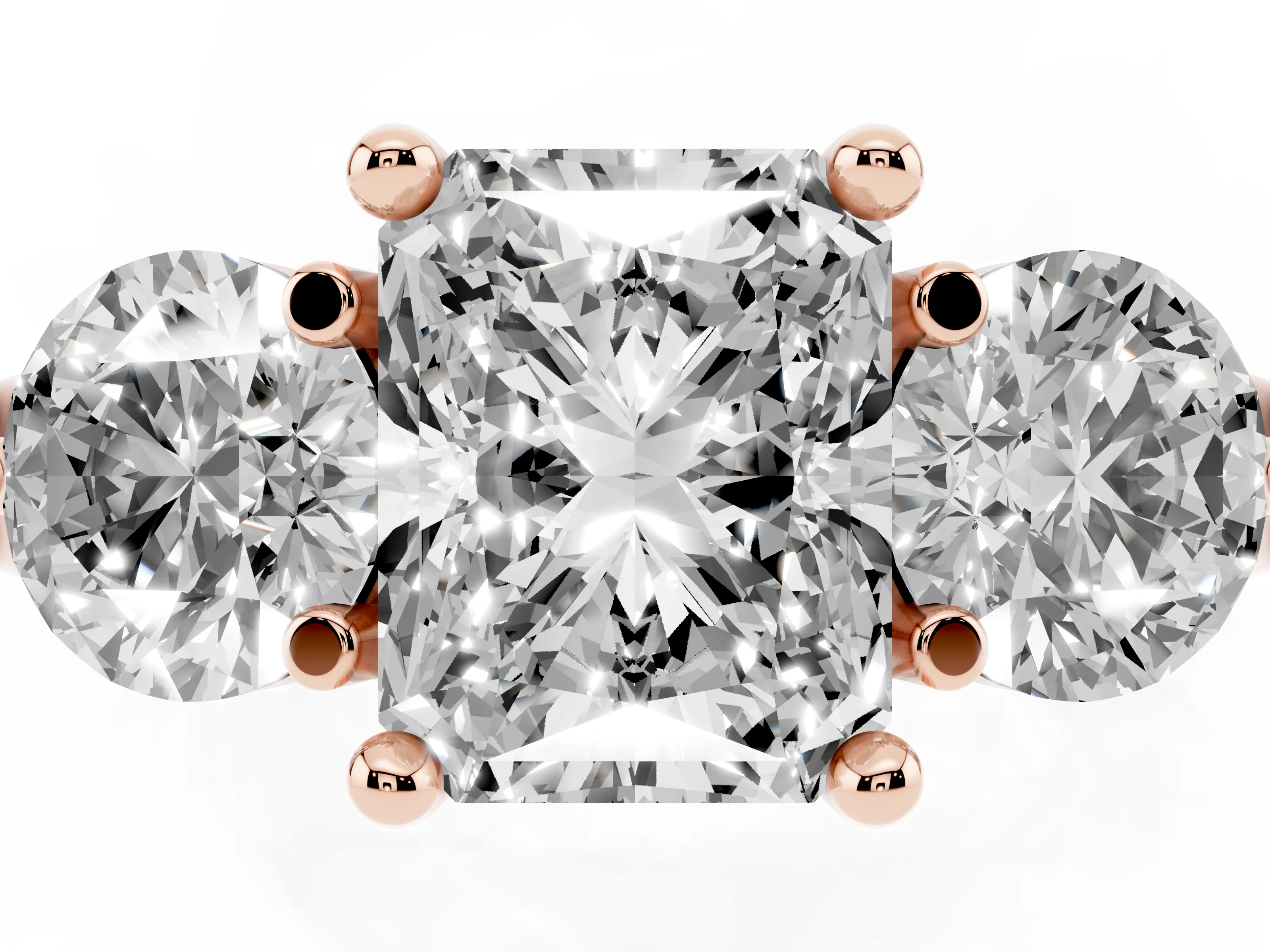 Radiant Cut Diamond Three-Stone Ring Set in Rose gold with Prong Setting and Classic Band