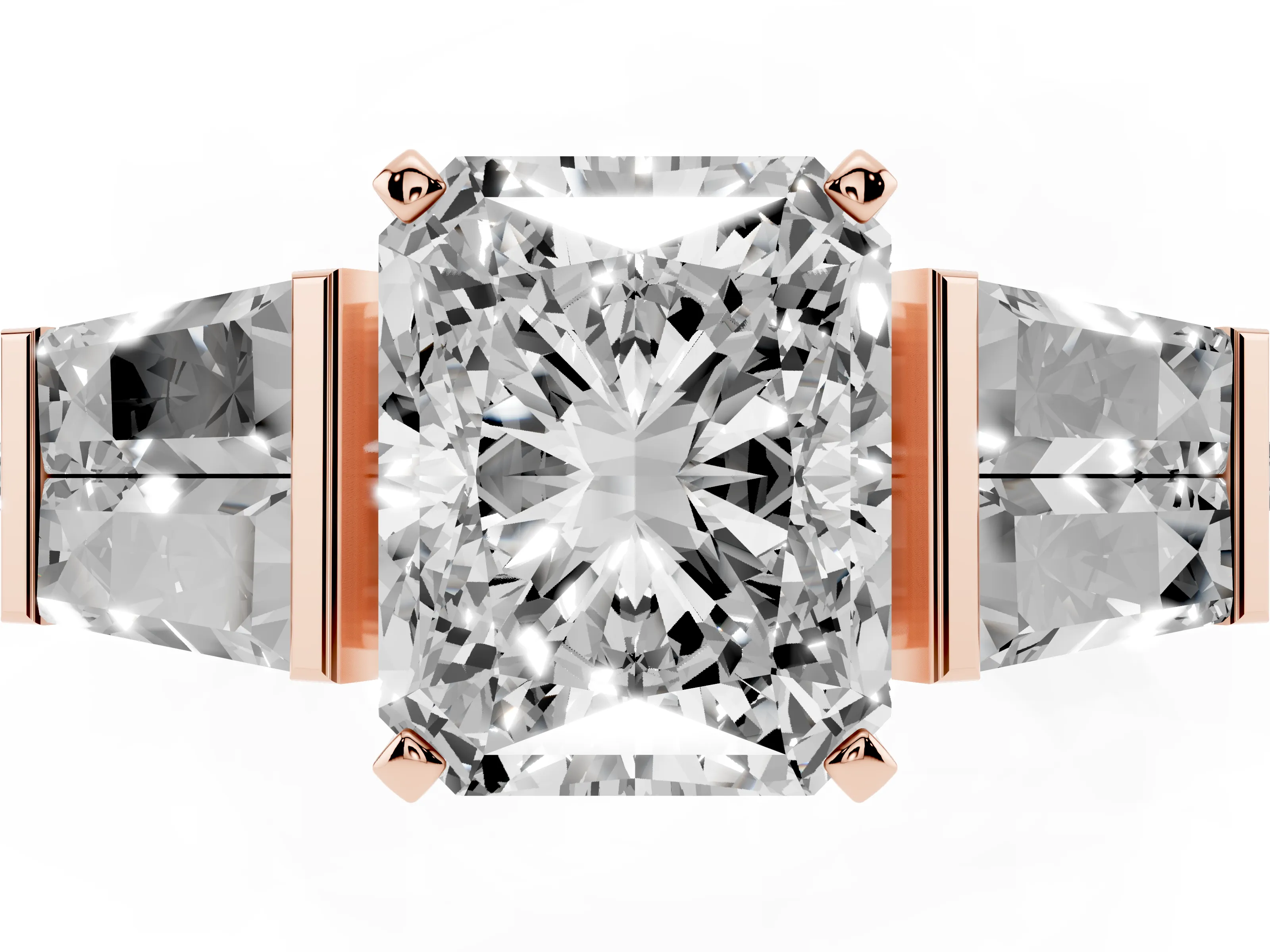 Radiant Cut Diamond Engagement Ring Set in Rose gold with Baguette Side Stones and Channel Set Band