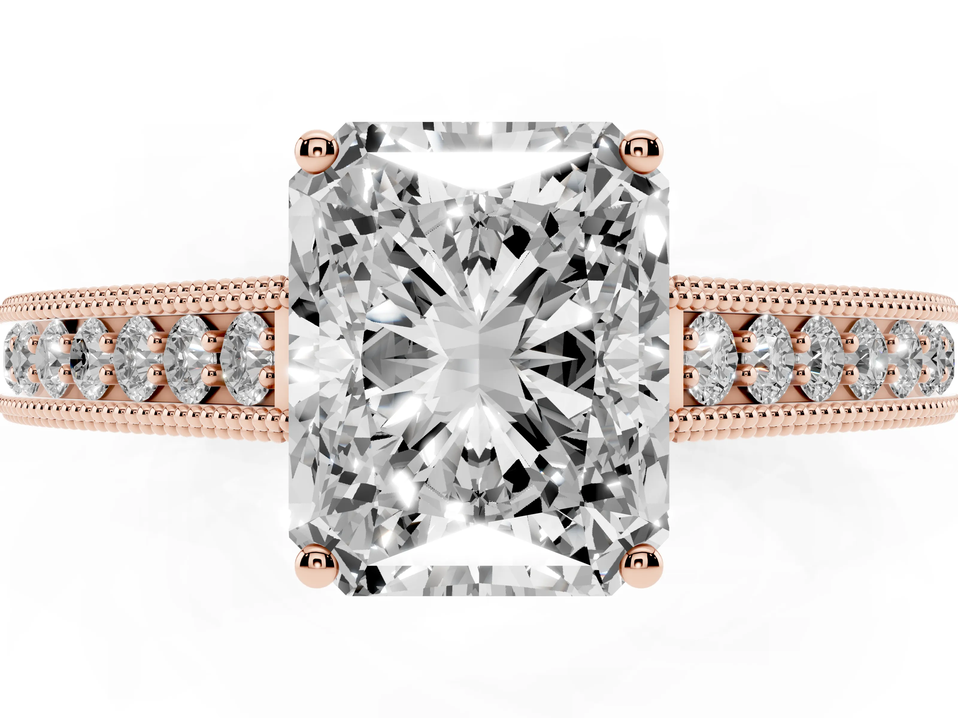Radiant Cut Diamond Milgrain Pavé Band Solitaire Ring Set in Rose gold with Prong Setting