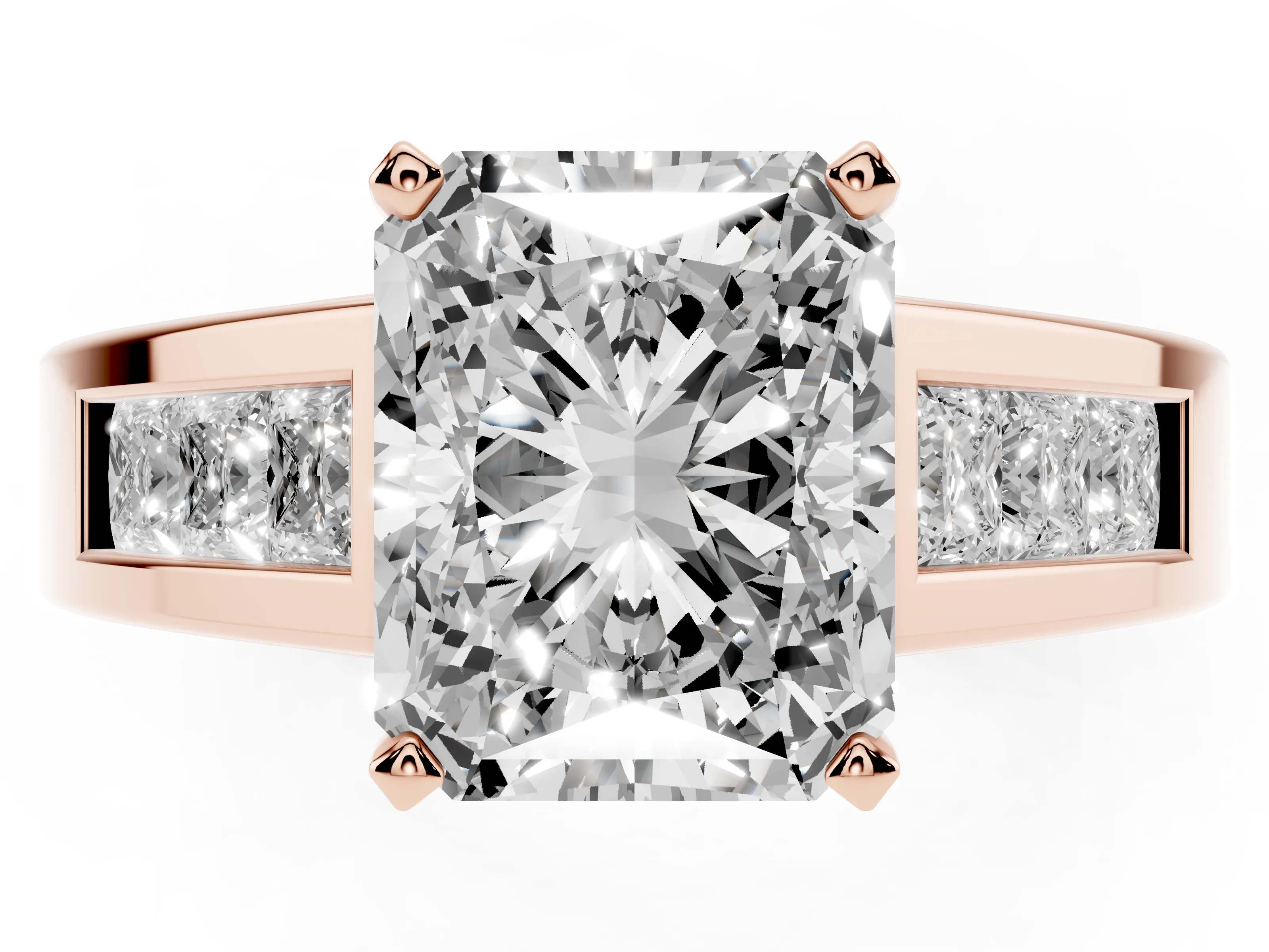 Radiant Cut Diamond Solitaire Ring Set in Rose gold with Channel-Set Accent Stones and Prong Setting