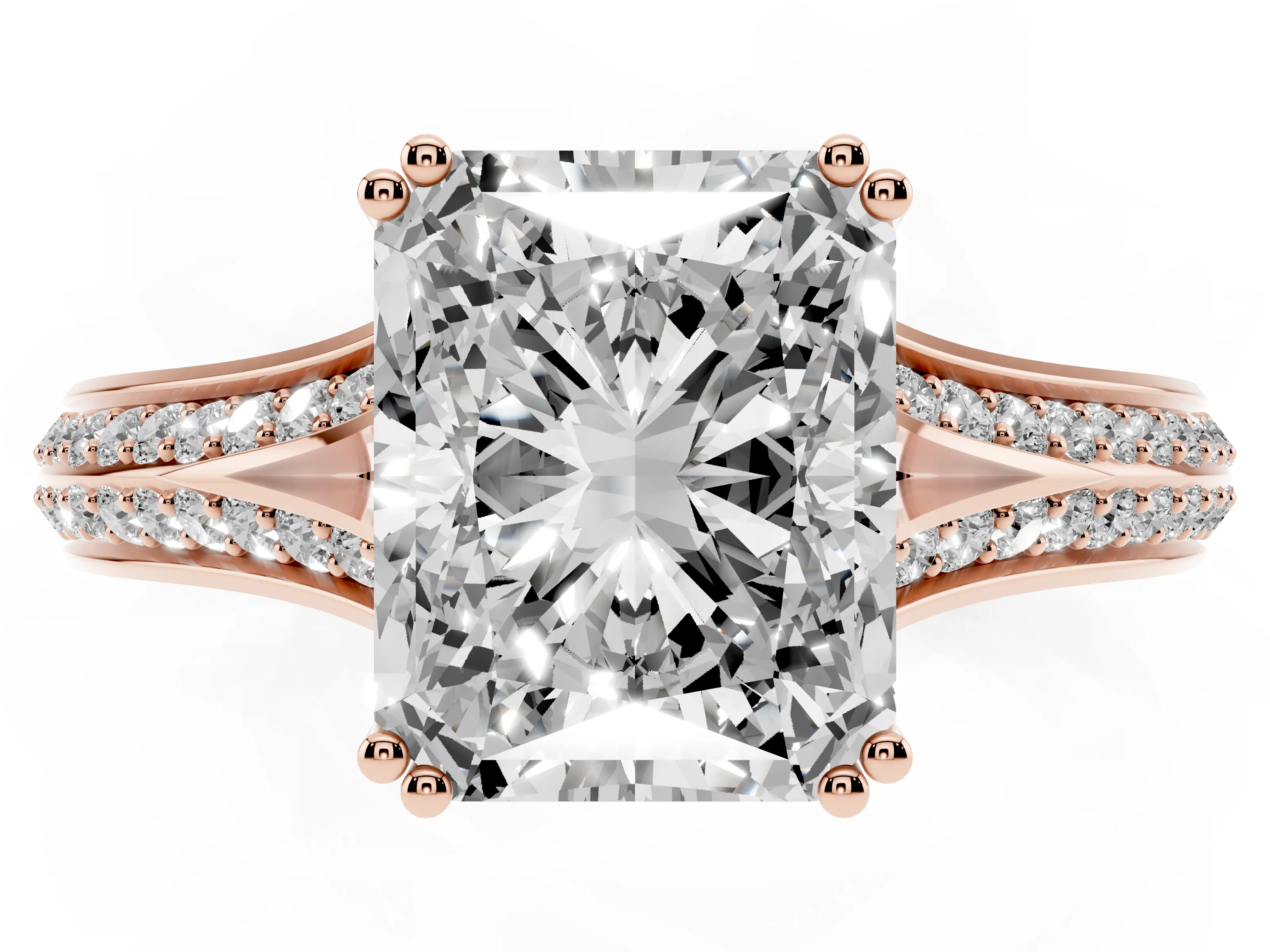 Radiant Cut Diamond Split Shank Pavé Engagement Ring Set in Rose gold with Prong-Set Center Stone