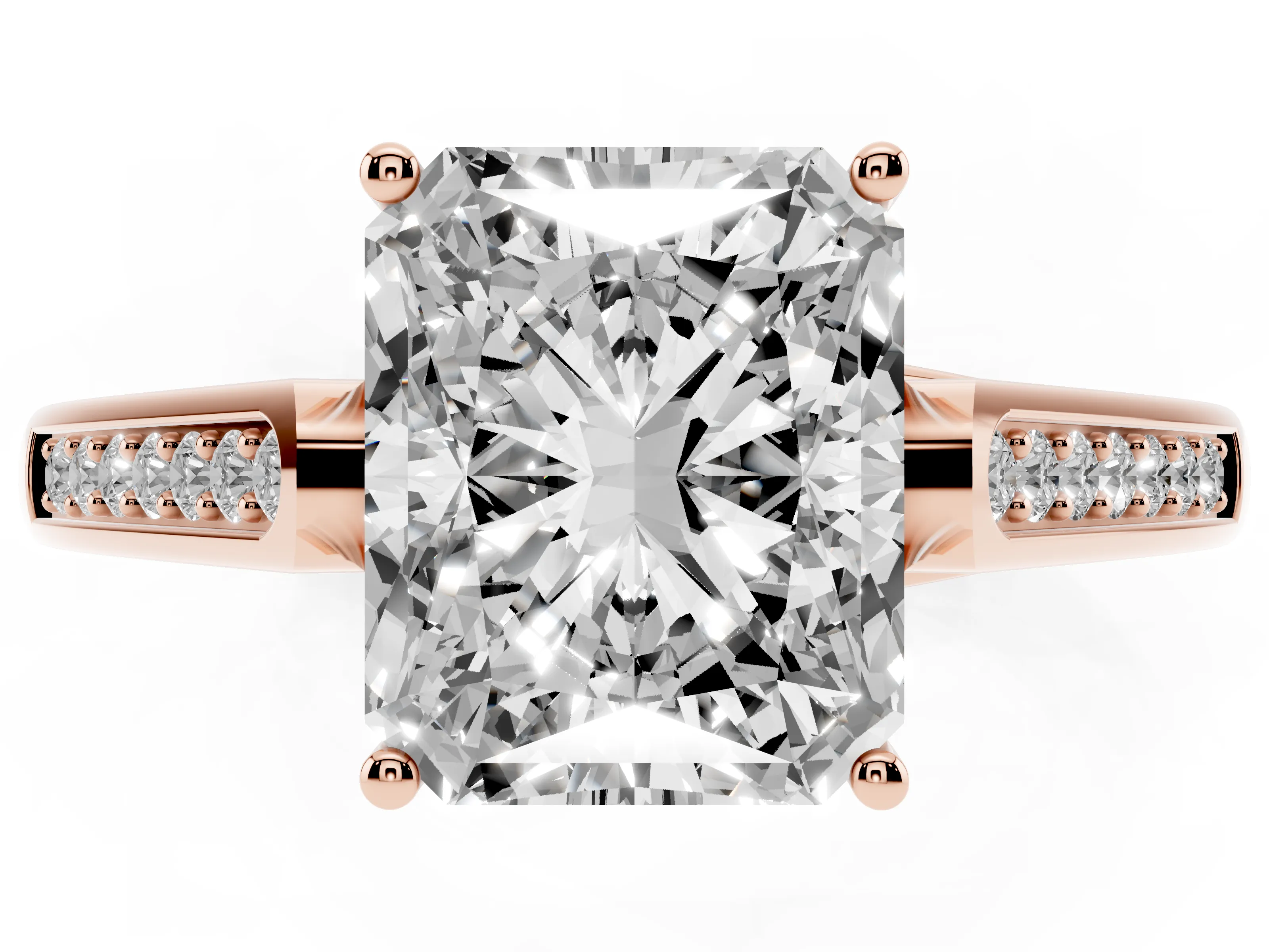 Radiant Cut Diamond Solitaire Cathedral Engagement Ring Set in Rose gold with Channel-Set Band and Prong Setting