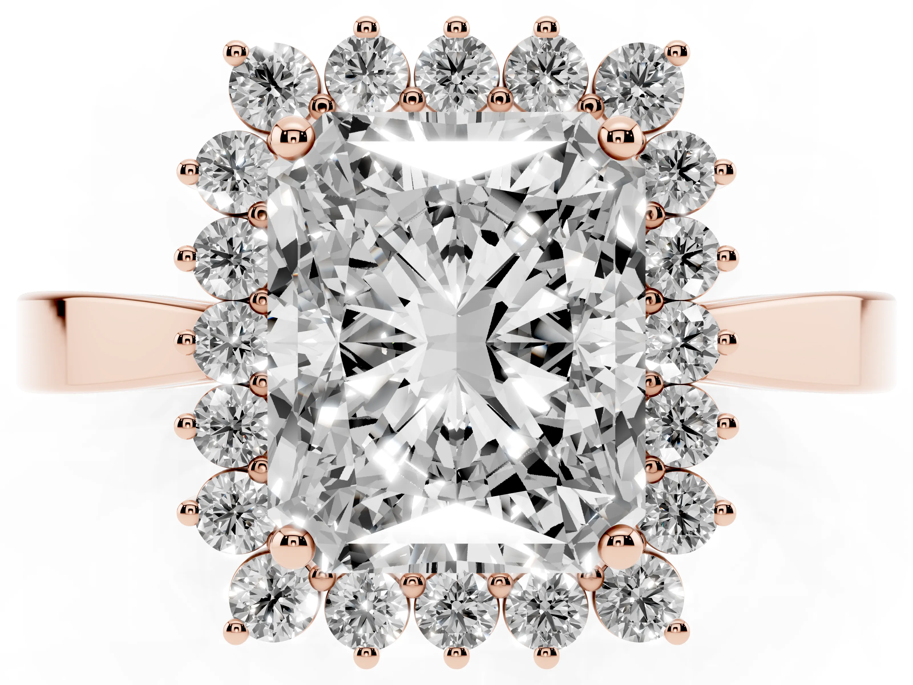 Radiant Cut Diamond Halo Ring Set in Rose gold with Round Halo and Smooth Solitaire Band