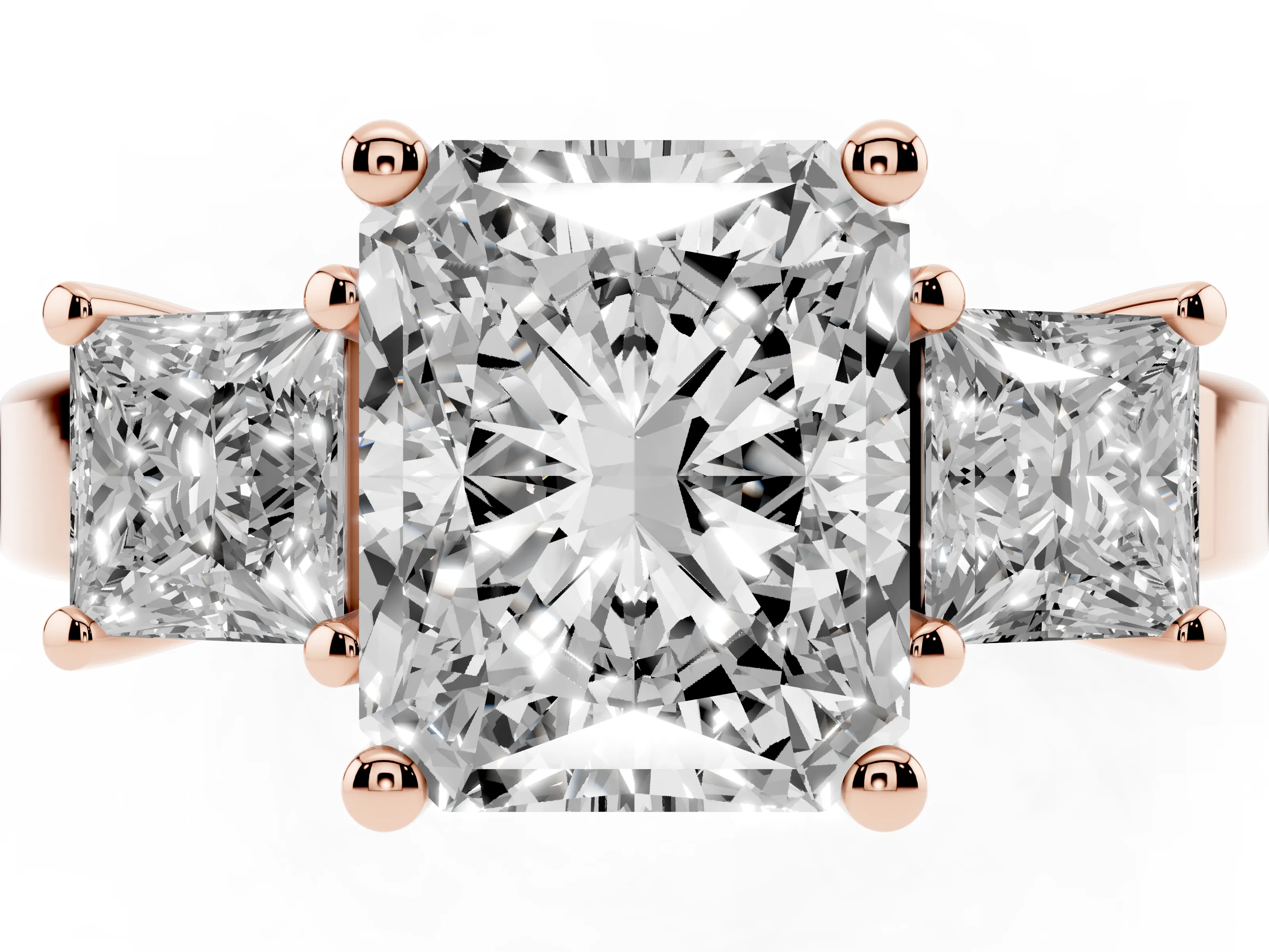 Three-Stone Radiant Cut Diamond Solitaire Ring Set in Rose gold with Prong Setting